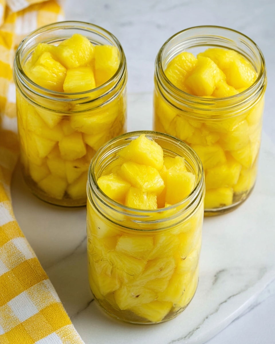 Three clear glass jars are filled with bright yellow pineapple chunks inside. Each jar is filled to the top with the pineapple pieces, showing the juicy texture and variations in yellow shades. The jars rest on a white marbled surface with a yellow and white checkered cloth placed near the top left corner. The overall look is fresh and simple, with the focus on the vibrant fruit. photo taken with an iphone --ar 4:5 --v 7