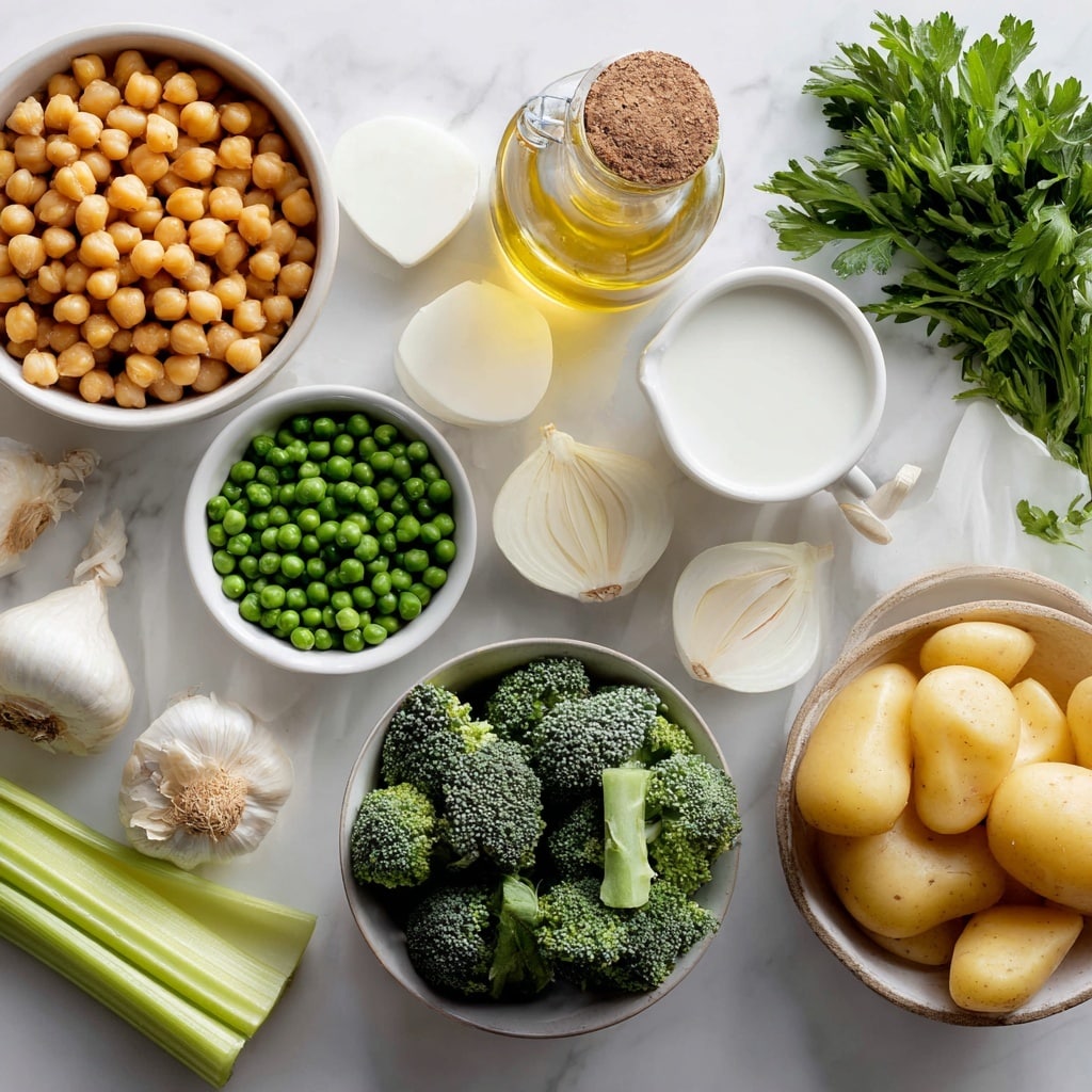 The image shows a white marbled surface with various fresh ingredients arranged neatly. At the top left is a white bowl filled with golden chickpeas, next to a clear glass bottle of olive oil with a cork stopper. To the right, there is a bunch of bright green parsley beside some garlic cloves. Below, a white ceramic cup of thick white coconut milk sits near two white onion halves with smooth, pale layers. In the center, a small white bowl is filled with round, green peas. A white bowl on the right holds dark green broccoli florets with textured surfaces. At the bottom left, two long pale green celery stalks lie flat, pointing upward. In the bottom center, a white bowl contains yellow potato pieces with light brown skin. The overall scene is bright and clean, showing fresh, raw ingredients for cooking. photo taken with an iphone --ar 4:5 --v 7
