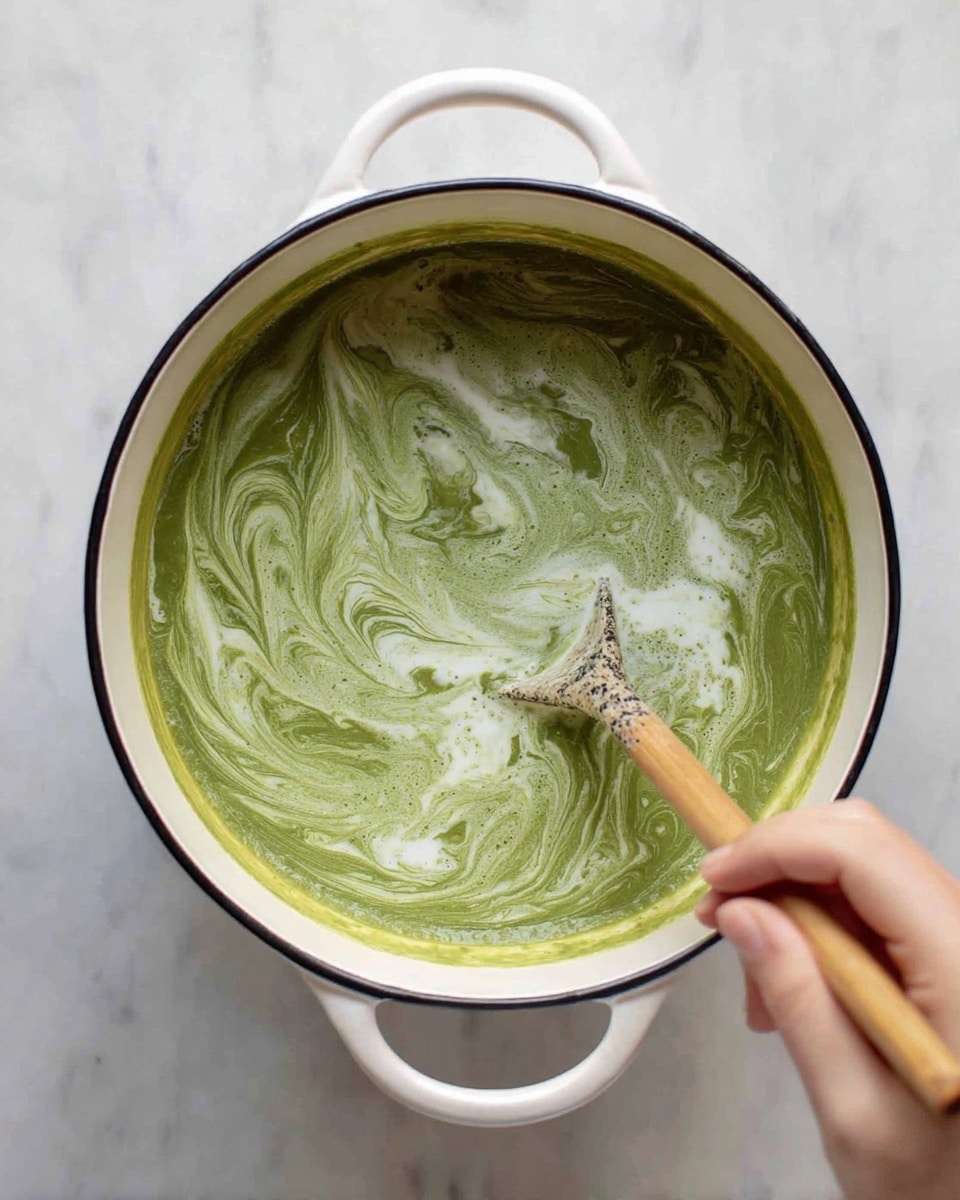 A white enamel pot with a black rim holds a thick green soup with light cream swirls mixed in, creating a marbled pattern on the surface. A woman's hand stirs the soup gently using a wooden spoon that shows some black specks on the end submerged in the soup. The pot is placed on a white marbled surface. photo taken with an iphone --ar 4:5 --v 7