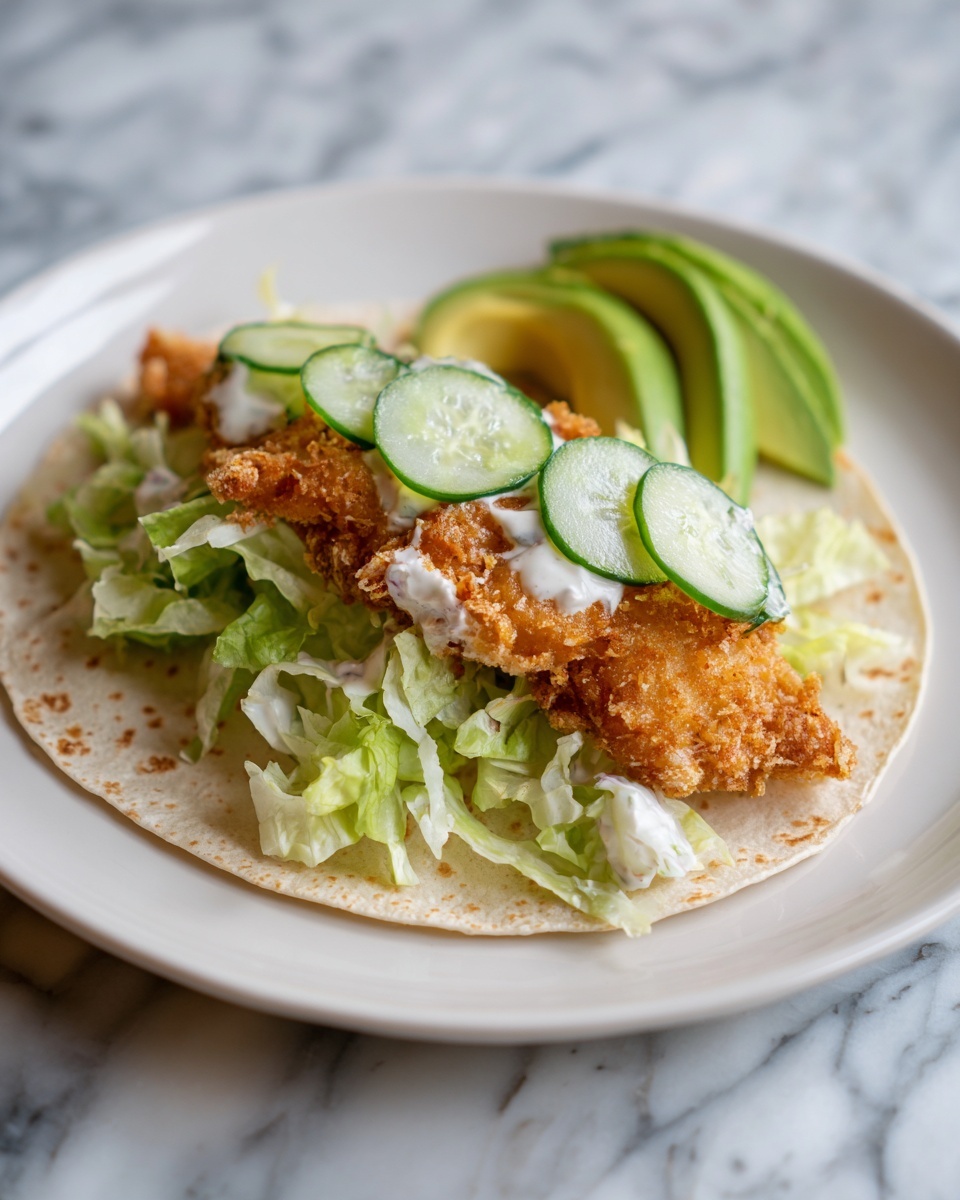 A tortilla lays flat on a white plate with a white marbled surface beneath. On the tortilla, there is a layer of fresh, chopped green lettuce mixed with creamy white dressing and a few thin pale green cucumber slices. On top of this, a large, crispy golden-brown fried chicken strip with a rough, crunchy texture sits in the center. On the side of the lettuce, two slices of fresh green avocado wedges add a smooth texture and bright contrast. The whole dish is simple and colorful, showing the crunchy and creamy textures clearly. Photo taken with an iphone --ar 4:5 --v 7