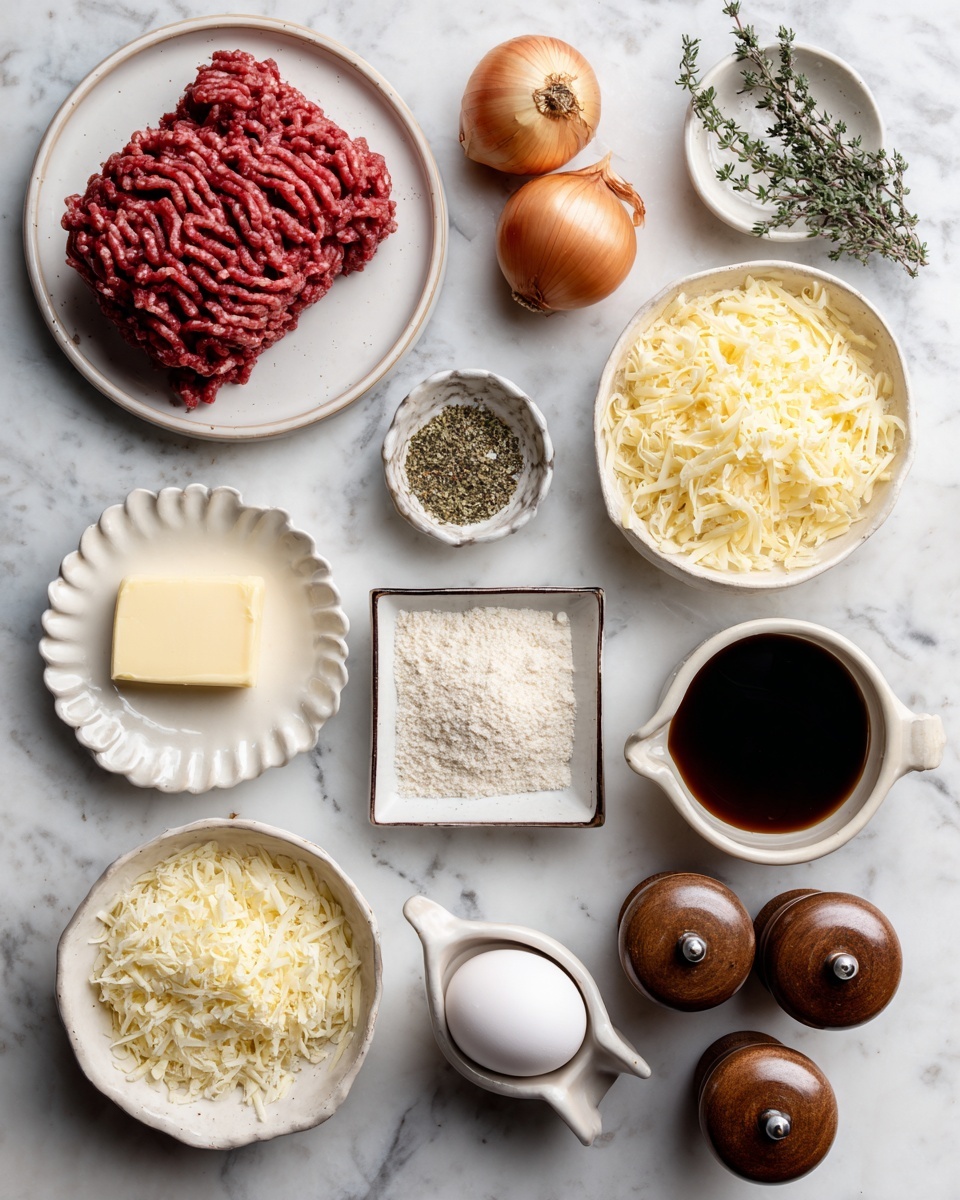 The image shows various cooking ingredients placed neatly on a white marbled surface. There is a white plate holding a block of raw ground beef with a deep red color and strands of meat texture. Around it, small white bowls hold shredded pale yellow Gruyere cheese, Italian breadcrumbs with a light brown and speckled texture, dried thyme that looks greenish-brown, and flour which is white and powdery. A small square metal dish has two sections containing light beige garlic powder and white salt. Two whole yellow-brown onions sit side by side. A single white egg is placed in a scalloped white bowl. Another matching white bowl holds a pale yellow pat of butter. A small white cup contains a dark brown balsamic vinegar. A pale gray measuring jug holds brown beef broth. Finally, there is a pair of round wooden salt and pepper shakers with a grainy wood texture. All items are evenly spaced on the white marbled background photo taken with an iphone --ar 4:5 --v 7