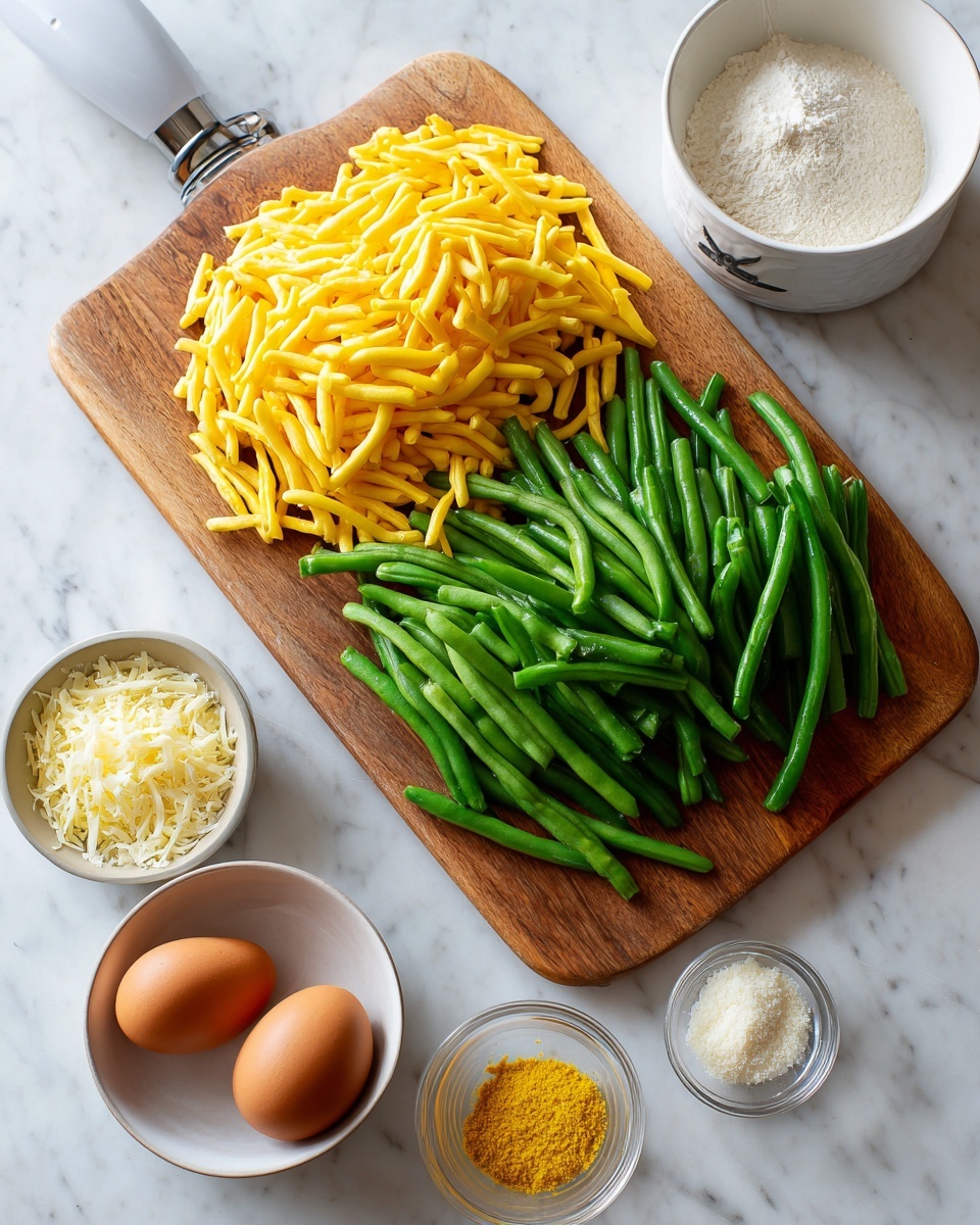 The image shows a wooden cutting board placed on a white marbled surface. On the board, there are two neat piles of beans: bright yellow beans on the top half and fresh green beans on the bottom half. Around the board, there are small clear glass bowls containing grated cheese, flour, and a yellow powder. A white bowl holds two brown eggs. In the background, a white air fryer with a silver handle stands against the white marbled background. Photo taken with an iphone --ar 4:5 --v 7