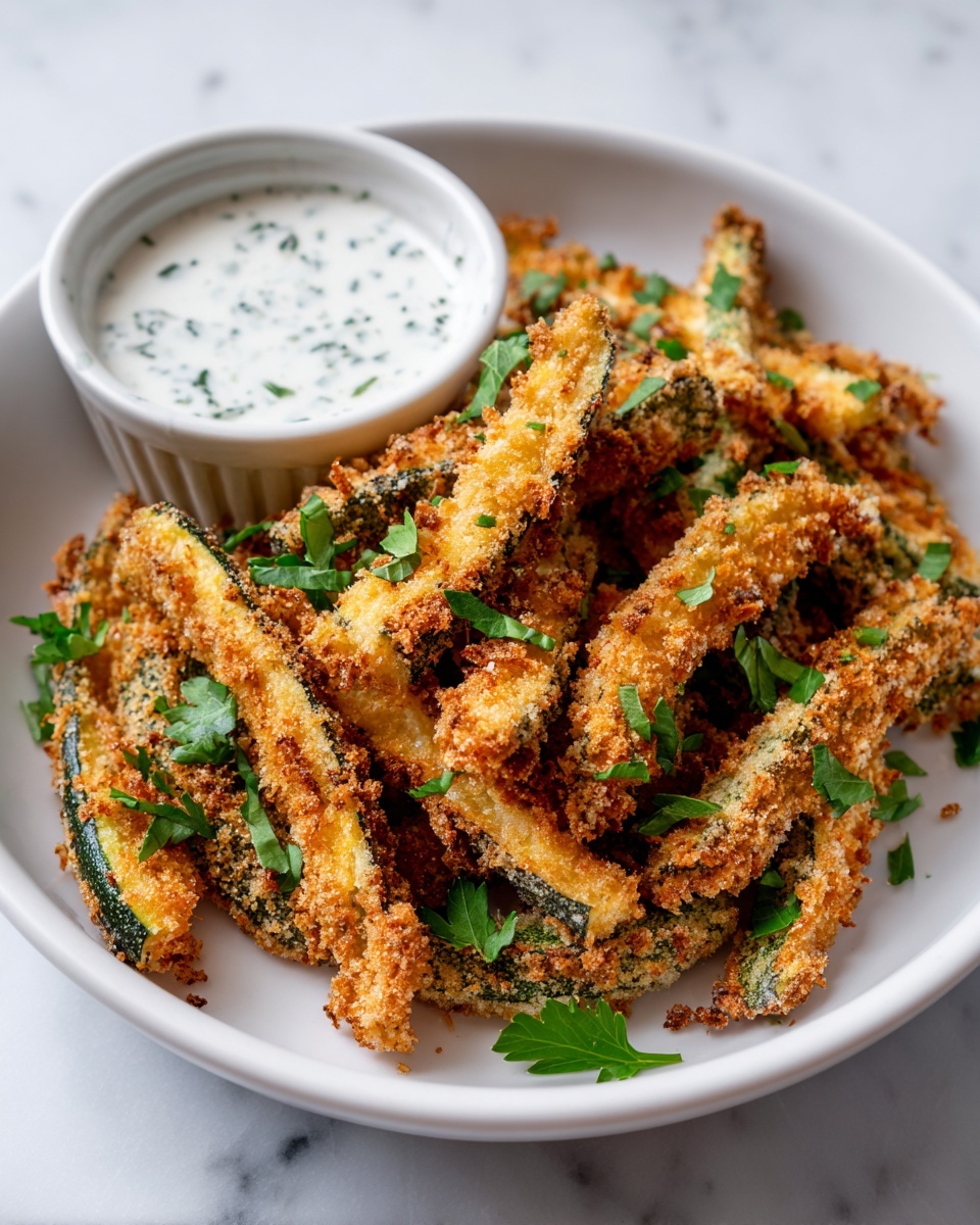 In a white bowl on a white marbled surface, there is a pile of crispy, golden-brown fried zucchini sticks with textured, crumbly coating that looks crunchy. The zucchini pieces vary in size and are arranged in a loose circular shape. Fresh, bright green parsley leaves are scattered around and under the zucchini sticks, adding a pop of color. A small white ramekin with a creamy white dipping sauce speckled with herbs sits nestled on one side of the bowl. The photo shows a close-up view with soft natural light, making the textures and colors very clear. Photo taken with an iphone --ar 4:5 --v 7