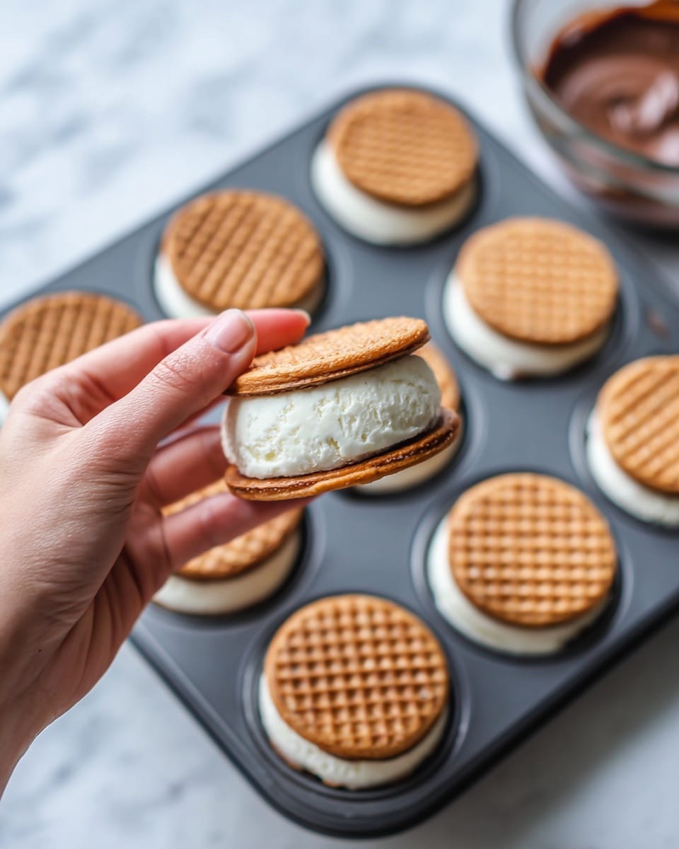 A close-up of a woman's hand holding a waffle ice cream sandwich, which has one visible layer of white vanilla ice cream in the middle and two round, light brown waffle cookies on the outside, shaped to fit the scoop; several identical sandwiches sit inside the cups of an upside-down dark gray muffin pan on a white marbled surface; in the background, there is a clear glass bowl filled with chocolate batter. photo taken with an iphone --ar 4:5 --v 7