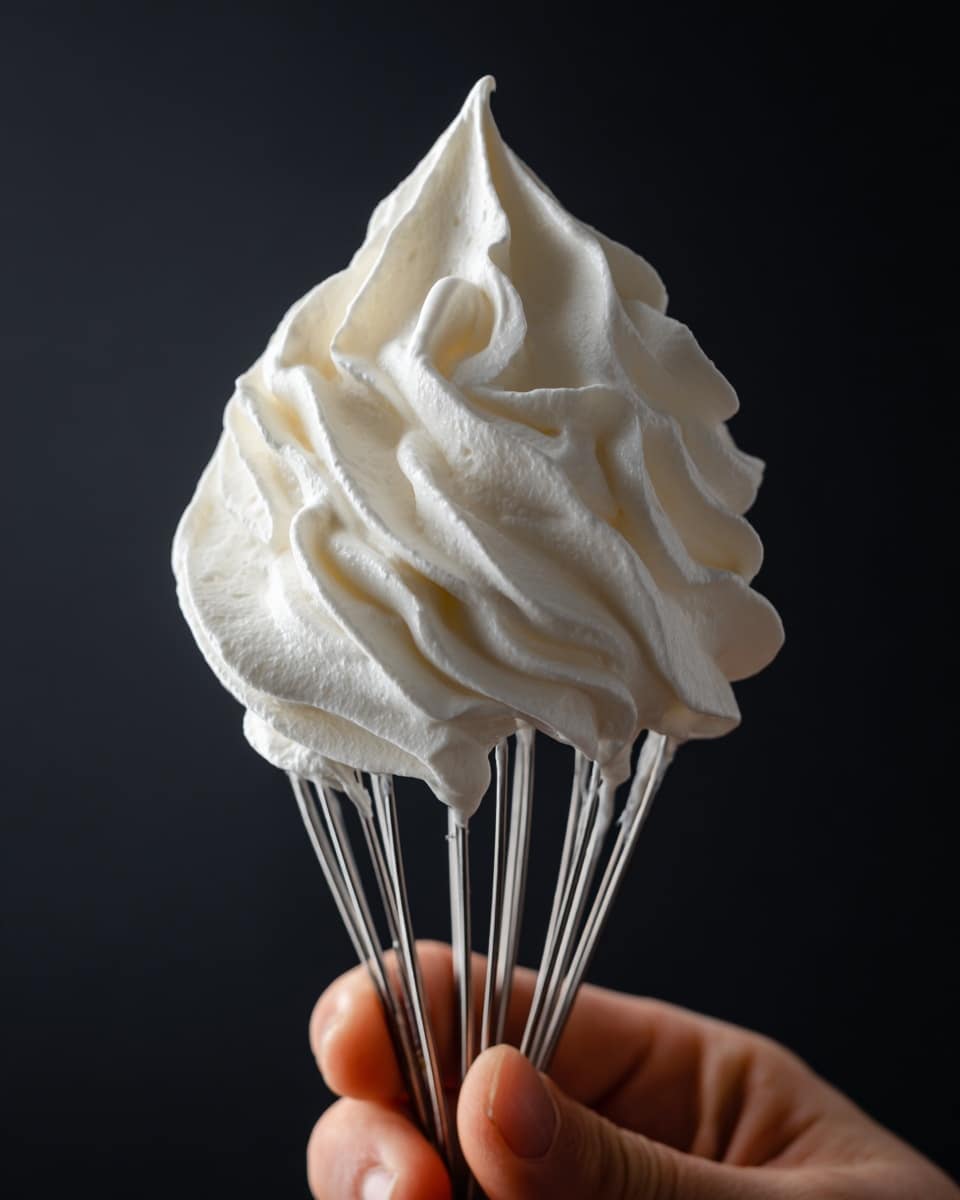 A close-up of a metal whisk with thick, shiny white whipped cream forming a large, smooth, and slightly peaked dollop on top. The whisk is held by a woman's hand, gripping it firmly against a solid black background. The whipped cream texture looks light and fluffy with visible swirls and soft layers as it clings to the thin metal wires of the whisk. Photo taken with an iphone --ar 4:5 --v 7