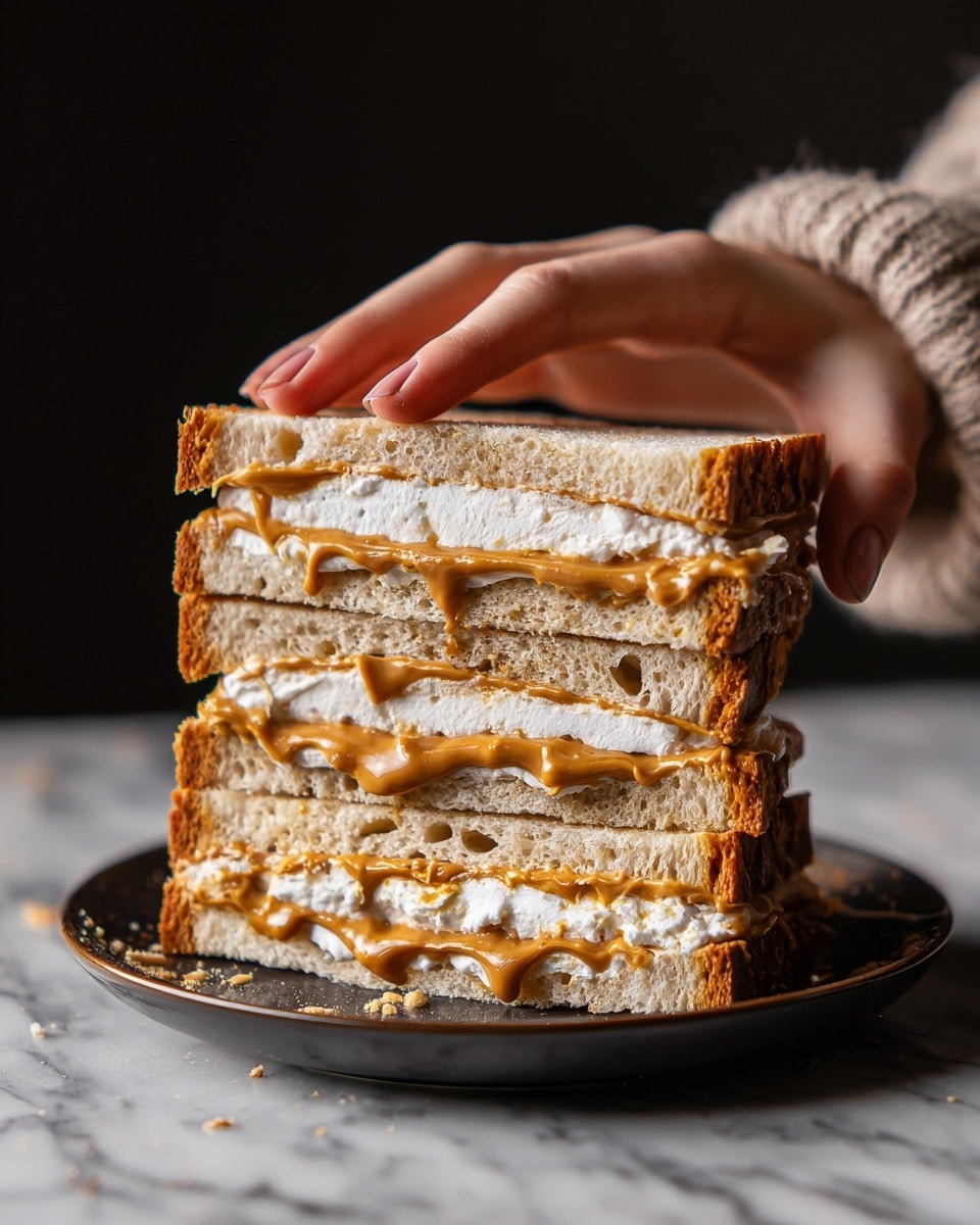 A stacked sandwich with three thick layers of light brown bread, each layer showing a soft, holey texture inside and a golden crust on the edges. Between the bread are two layers of white spread that looks creamy, topped with a golden-brown nutty spread that slightly drips over the edges. The sandwich is placed on a dark plate set on a white marbled surface. A woman's hand wearing a long sleeve gently presses down on top of the sandwich. The background is dark and out of focus. photo taken with an iphone --ar 4:5 --v 7