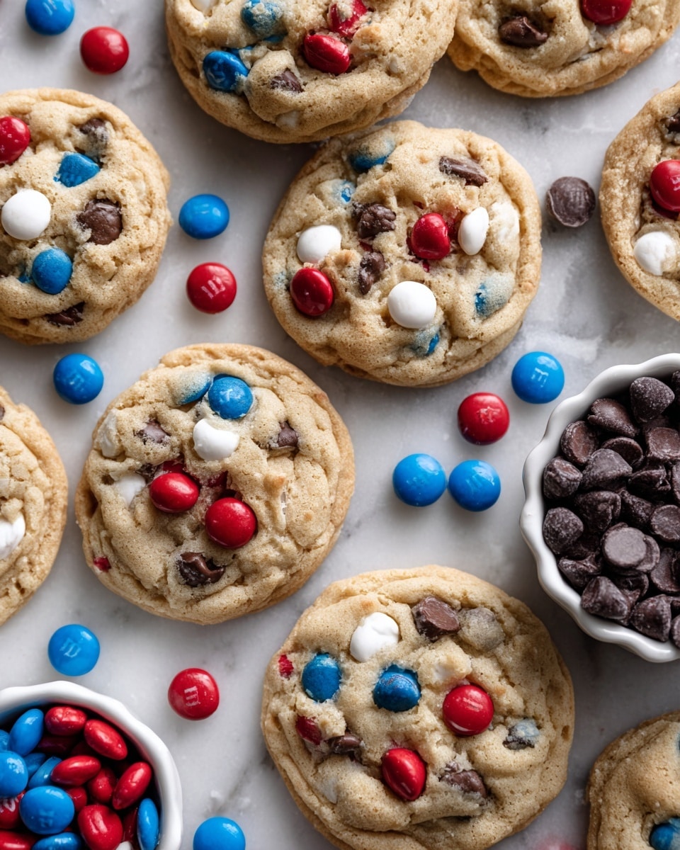 A close-up view of many round cookies with light golden brown color and a slightly rough texture, scattered on a white marbled surface. Each cookie is studded with layers of red, blue, and white candy-coated chocolates, along with shiny dark brown chocolate chips, spread unevenly across their tops. Around the cookies, loose chocolates matching the candy colors are scattered, adding bursts of red, blue, white, and dark brown against the light background. On the right side, a small white bowl filled with dark brown chocolate chips and near the bottom left, another white scalloped bowl filled with mixed red, blue, and white candy-coated chocolates completes the layout. photo taken with an iphone --ar 4:5 --v 7