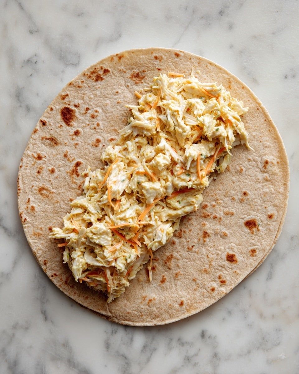A light brown whole wheat tortilla flat, laid open on a white marbled surface, with a single long layer of mixed shredded filling placed horizontally across the center. The filling is a creamy mix of white and pale yellow textures, with hints of thin orange shreds, looking soft and slightly chunky. The tortilla has small darker brown specks and a soft texture. photo taken with an iphone --ar 4:5 --v 7