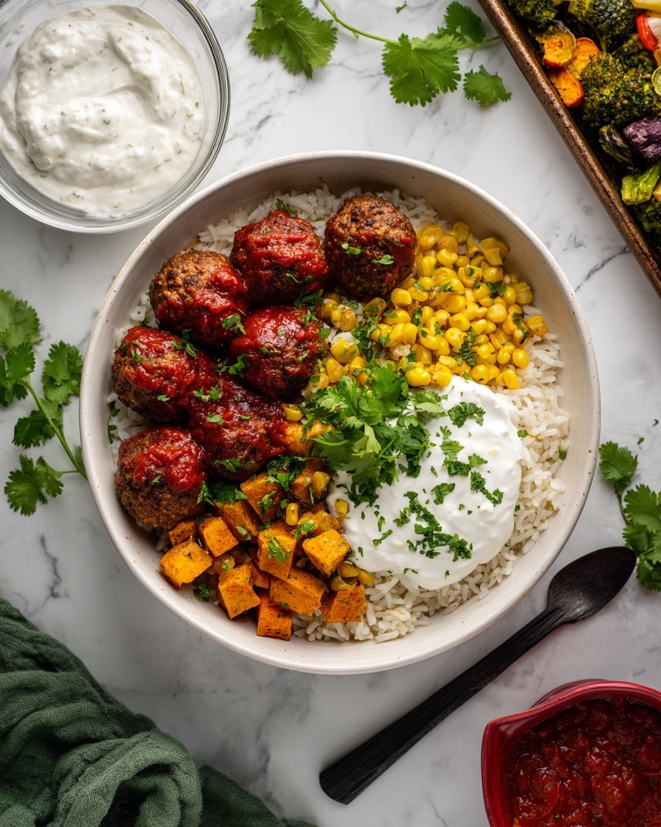 A white bowl filled with three main layers: on the bottom is a layer of white rice covering half the bowl, topped with a dollop of white sour cream and sprinkled with green cilantro leaves; next to the rice are several roasted sweet potato cubes and yellow corn kernels mixed together with some green cilantro on top; on the top layer, six round, brown meatballs coated in a red sauce are placed above the vegetables and rice. The bowl sits on a white marbled surface with some scattered green cilantro leaves nearby, a glass bowl with white sour cream and a black spoon to the left, a sheet pan with roasted vegetables at the top, a green towel to the right, and a red pot partially visible on the far right. Photo taken with an iphone --ar 4:5 --v 7