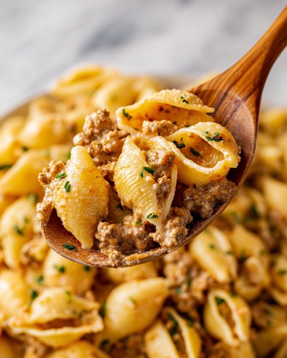 A close-up view of a wooden spoon holding a pile of pasta shells filled and coated with a creamy meat sauce. The pasta shells are a warm golden color with visible bits of browned ground meat mixed evenly throughout. The sauce looks smooth and rich with a light orange hue, and small green herb pieces are sprinkled on top for color contrast. The background shows more of the same pasta dish, slightly blurred to keep focus on the spoonful. The whole image rests on a white marbled surface. photo taken with an iphone --ar 4:5 --v 7