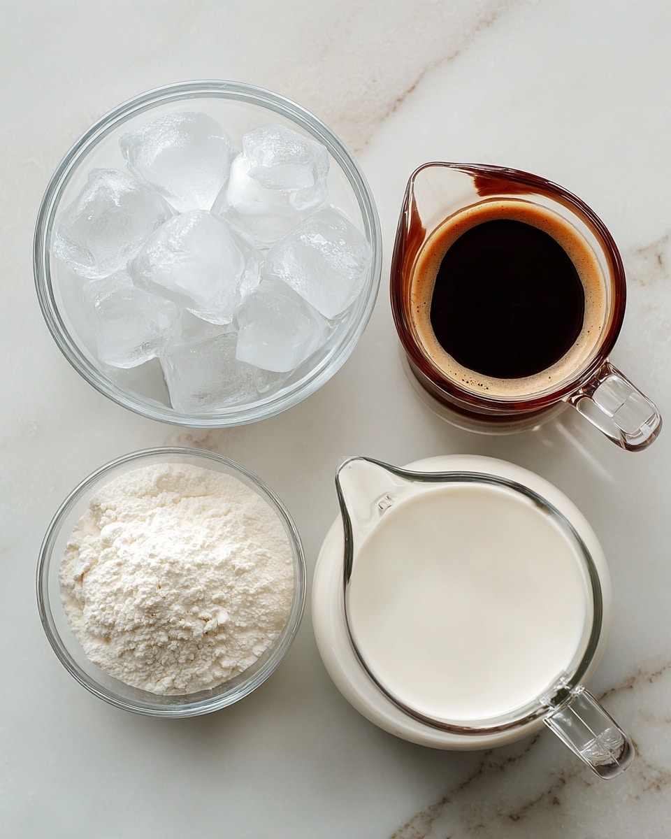 The image shows four clear glass containers with ingredients placed on a white marbled surface. In the top left, there is a bowl filled with ice cubes, which are clear and slightly frosted. At the top right, there is a small glass pitcher with dark brown espresso, showing some light foam on top. Below the ice, in the bottom left corner, there is a small round bowl holding fine white chocolate powder that looks soft and powdery. On the bottom right, there is a larger glass measuring cup filled with smooth white milk, with a clear handle visible. Each container is labeled with black and white text above or near it. Photo taken with an iphone --ar 4:5 --v 7