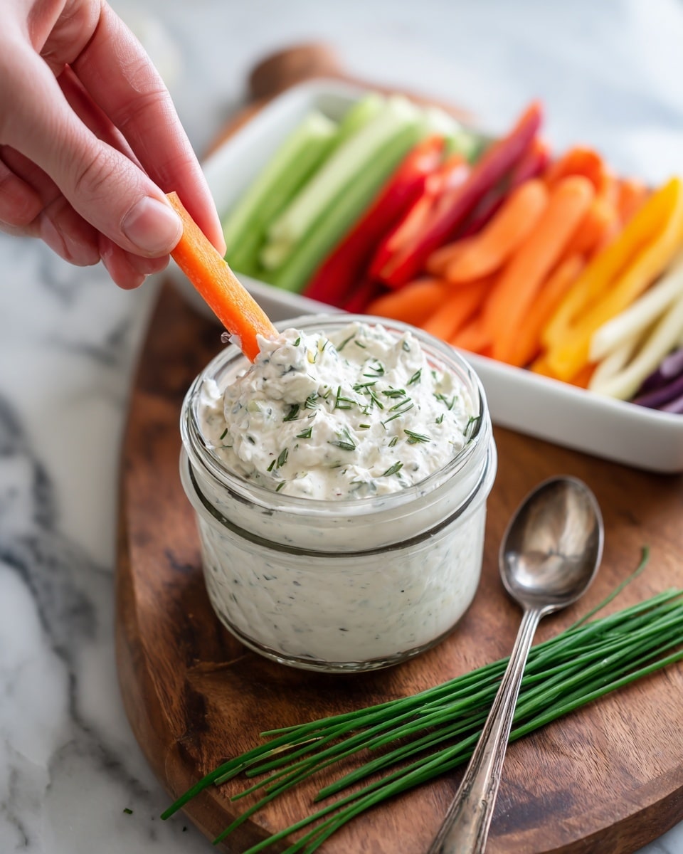 A woman's hand is dipping an orange carrot stick into a clear glass jar filled with thick, creamy white dip with visible green herb bits. The jar sits on a wooden surface next to three small red cherry tomatoes and some long green chives. Behind the jar, there is a white rectangular dish holding colorful vegetable sticks: orange carrots, yellow-green cucumber, deep purple carrot, and red bell pepper. A metal spoon with some dip on it lies beside the jar. The background has a white marbled texture photo taken with an iphone --ar 4:5 --v 7