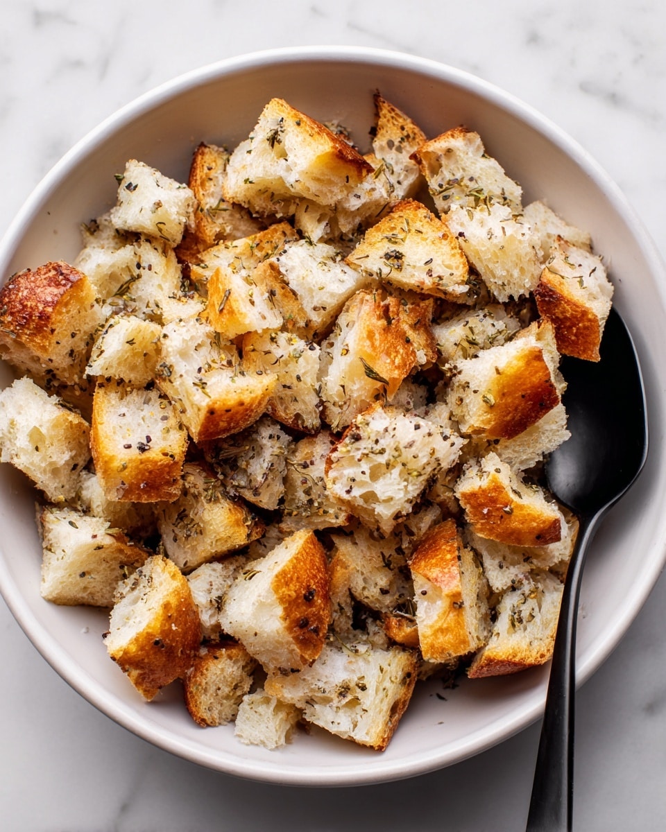 Inside a white bowl, there are many pieces of bread torn into small, uneven chunks. The bread has a toasted look with a mix of light golden brown and soft white parts, speckled with small bits of black pepper and herbs. A black spoon rests on the right side among the bread pieces. The bowl sits on a white marbled surface. photo taken with an iphone --ar 4:5 --v 7