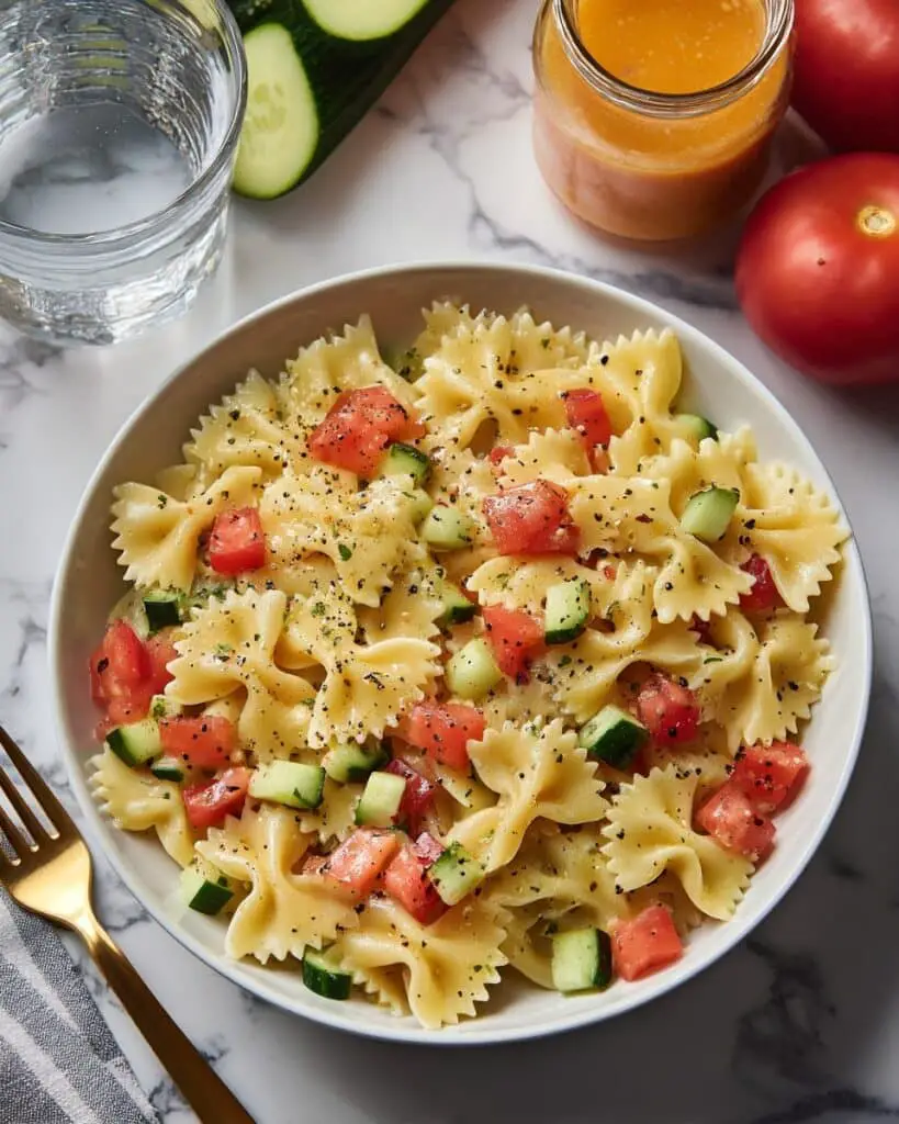 Bowtie Pasta Salad with Cucumbers, Tomatoes, and Zesty Italian Dressing Recipe