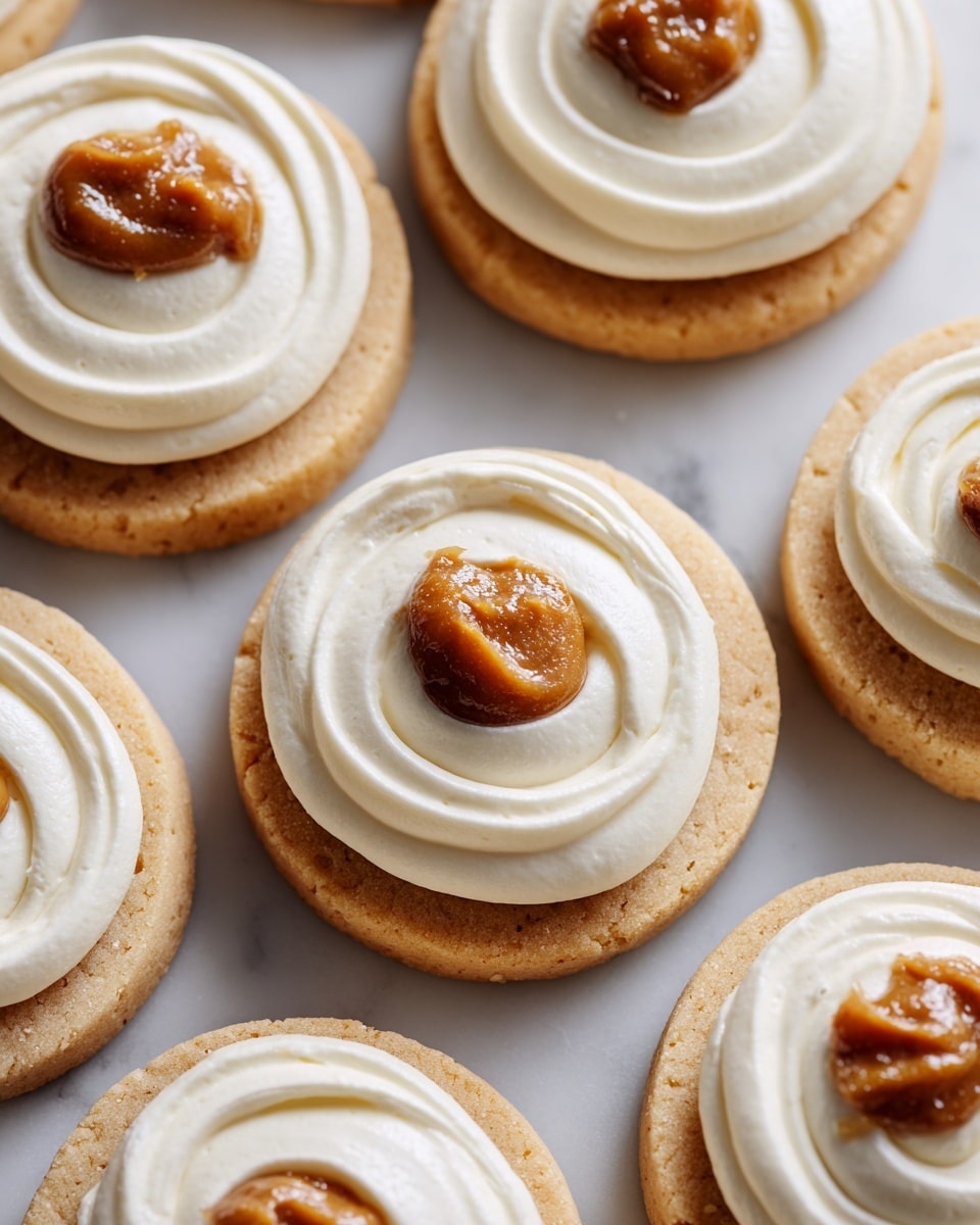 The image shows multiple round cookies with a smooth, light brown base layer. On top of each cookie, there is a thick swirl of white cream, which appears soft and slightly glossy. At the center of the cream, there is a small dollop of thick, darker brown topping with a slightly rough texture, giving a warm contrast to the cream and cookie base. The cookies are arranged neatly on a white marbled surface in rows, with some plain cookies without toppings also visible in the background. photo taken with an iphone --ar 4:5 --v 7
