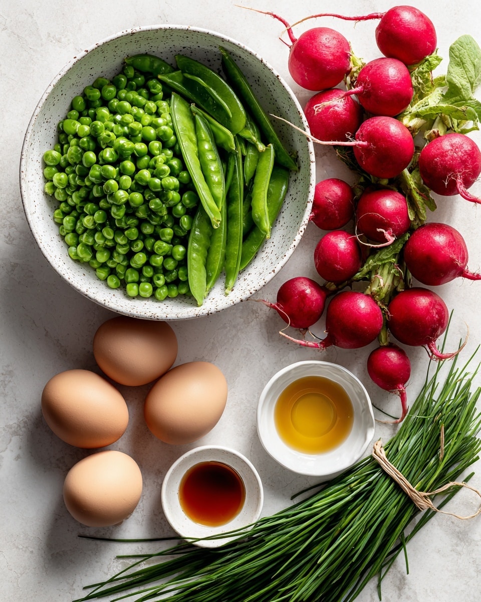 A top-down view of fresh cooking ingredients arranged neatly on a white marbled surface, featuring a large white speckled bowl filled with bright green frozen sweet peas on the left. To the right are bunches of vibrant red radishes with long green stems and leaves, laid out in a row. Below these are four smooth brown hard boiled eggs in a small white speckled bowl. Small white bowls hold different liquids and condiments: golden olive oil, amber maple syrup, and light brown dijon mustard. Fresh green chives with long, thin stalks are tied together and placed diagonally in the lower right corner. The mix of fresh vegetables and colorful ingredients creates a clean, vibrant, and organized look. Photo taken with an iphone --ar 4:5 --v 7