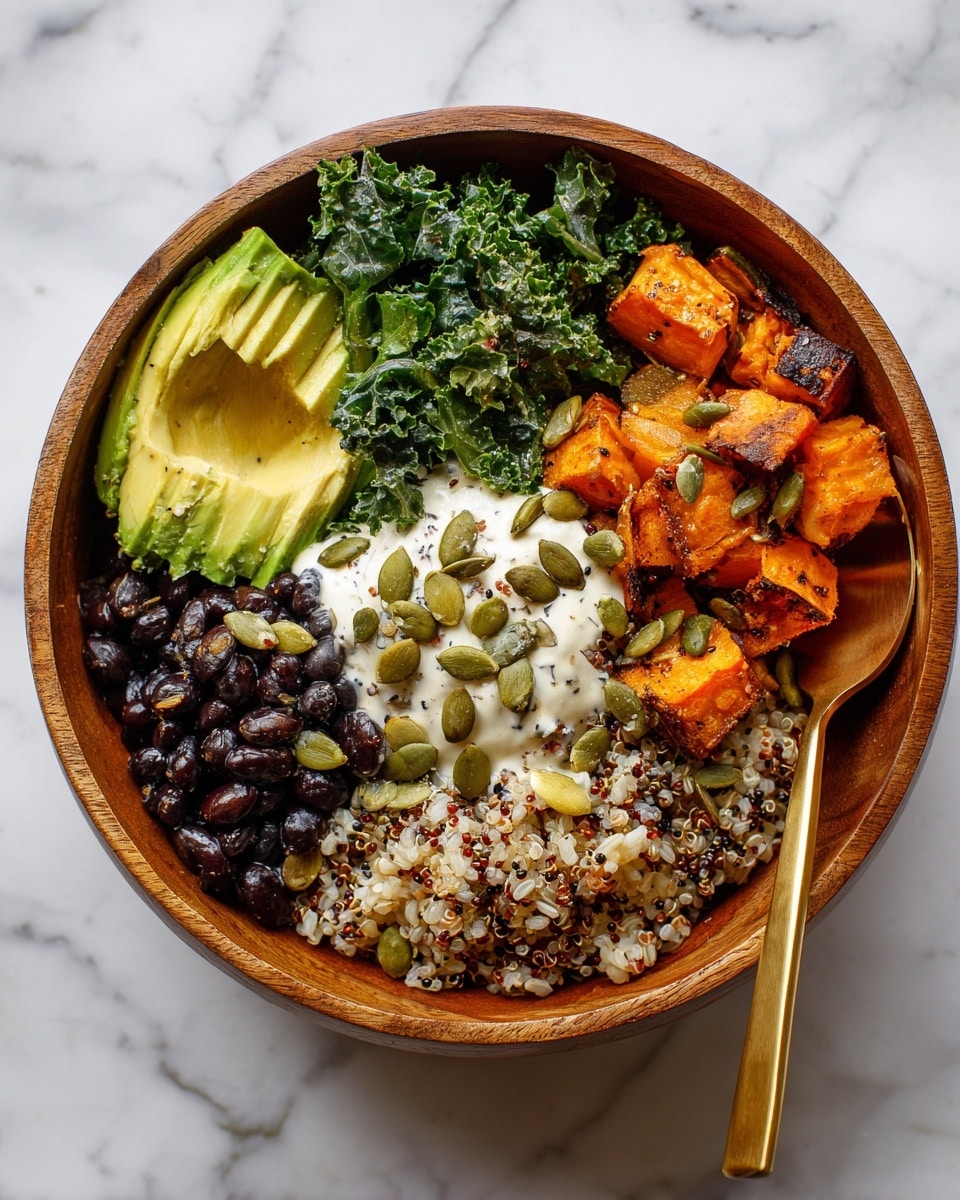 The image shows a wooden bowl filled with layers of food arranged by color and texture. At the bottom, light brown rice mixed with black and white quinoa forms the base. On top, there are four distinct sections around the bowl: bright orange roasted sweet potato chunks on the right, dark black beans sprinkled with light green pumpkin seeds on the left, fresh dark green curly kale leaves above the beans, and a sliced pale green avocado half at the bottom left. In the center, there is a creamy white sauce topped with pumpkin seeds, sitting on the kale and rice. A gold spoon is placed inside the bowl on the right side. The bowl is set against a white marbled texture surface. photo taken with an iphone --ar 4:5 --v 7