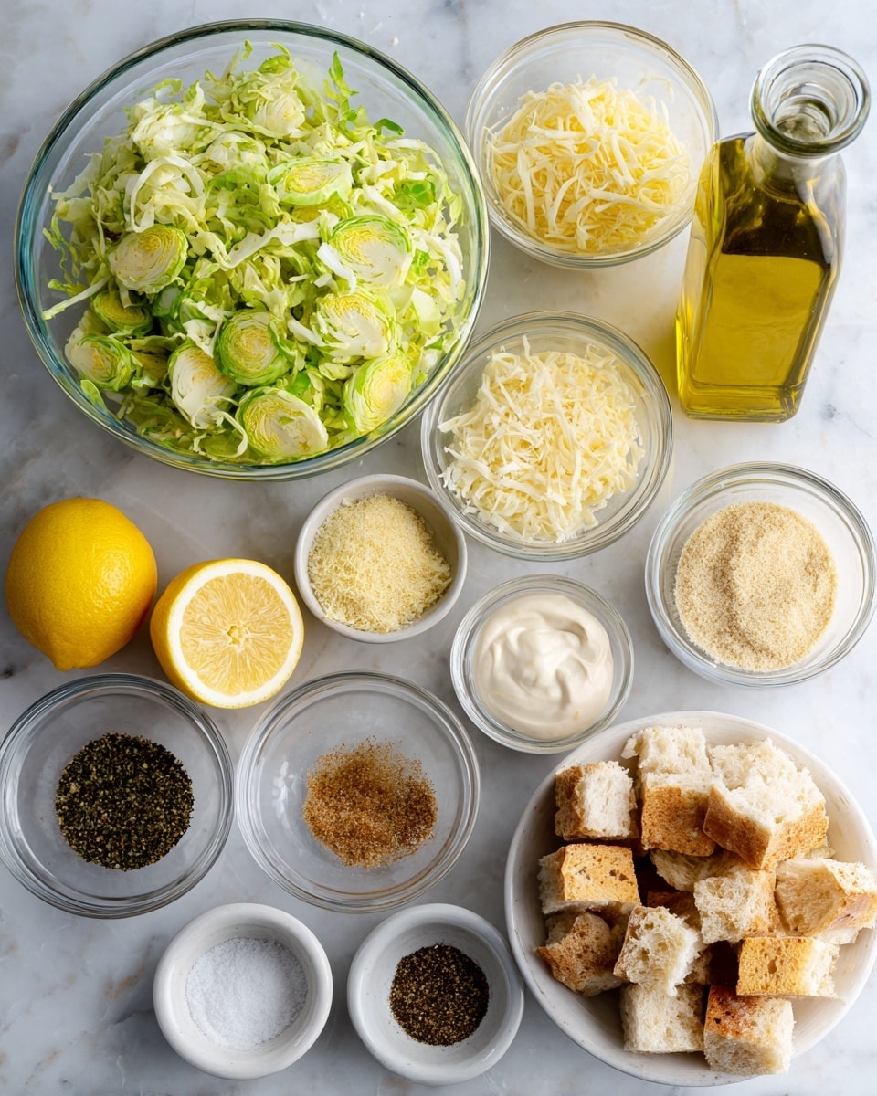 A clear glass bowl full of thinly sliced light green Brussels sprouts sits in the upper left of the image. Around it are multiple small clear glass bowls containing fine yellow parmesan cheese, white mayonnaise with a creamy texture, light tan garlic powder, dark green dried Italian seasoning, small light brown minced garlic pieces, and light beige bread cubes with a soft texture. To the left are two halves of fresh yellow lemons. In front, there are small white bowls with coarse white salt and dark black pepper. A tall glass bottle of golden olive oil is on the top right. The whole scene rests on a white marbled textured surface. Photo taken with an iphone --ar 4:5 --v 7