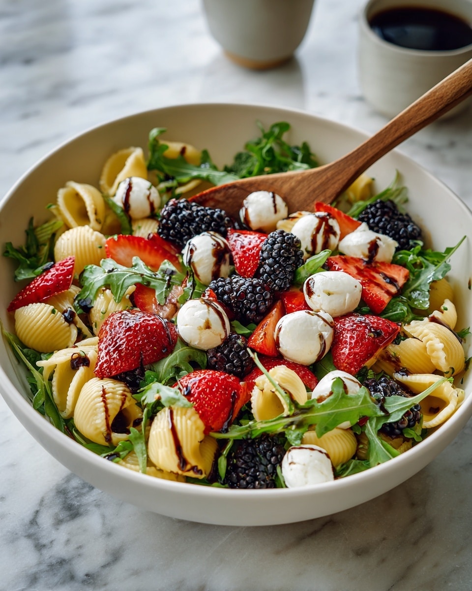 The image shows a close-up of a pasta salad with three main layers: the bottom layer is small shell pasta in a light golden color with a slightly shiny texture, the middle layer has bright red strawberry pieces and dark purple-black blackberries, and the top layer features smooth white mozzarella balls and fresh green arugula leaves scattered evenly across. The salad is presented on a white marbled surface, highlighting the vibrant colors and textures of the ingredients. photo taken with an iphone --ar 4:5 --v 7