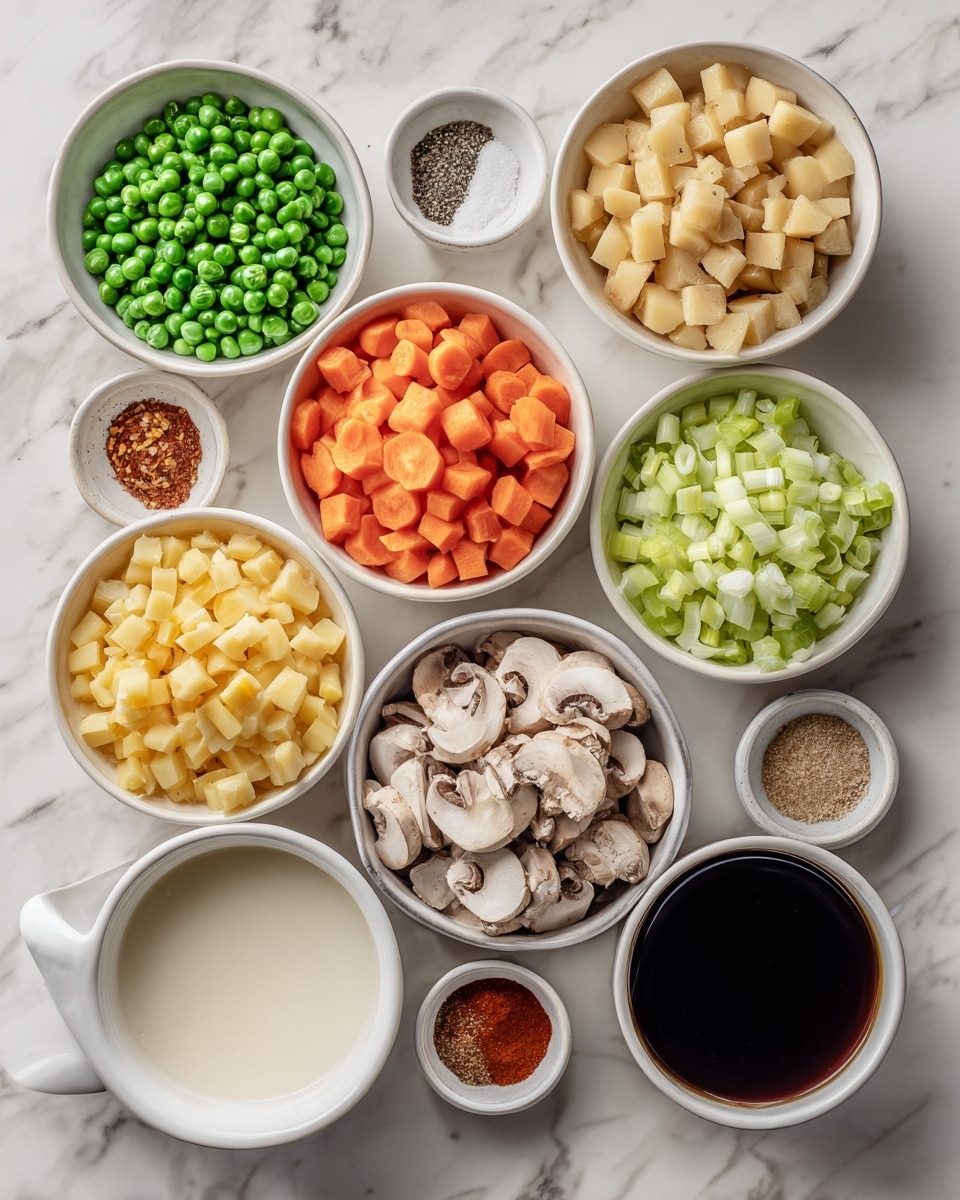 Several white round bowls are arranged on a white marbled surface, each containing different chopped or whole ingredients. From left to right, the bowls hold bright green peas, light brown lentils, beige russet potato cubes, small chopped pale orange carrots, cubed celery pieces in light green, corn kernels in yellow, chopped onion in white, diced mushrooms in light and dark brown, minced garlic in pale yellow, and three small bowls with spices in red, light brown, and green. There are also three small white bowls with white salt, black pepper, and a light brown powder. A carton of vegetable broth is at the lower left corner, and a white bowl with smooth, white non-dairy yogurt is beside it. Another small bowl with dark brown liquid is at the bottom right. Each bowl is clean and neatly filled, showing a colorful spread of fresh ingredients. photo taken with an iphone --ar 4:5 --v 7