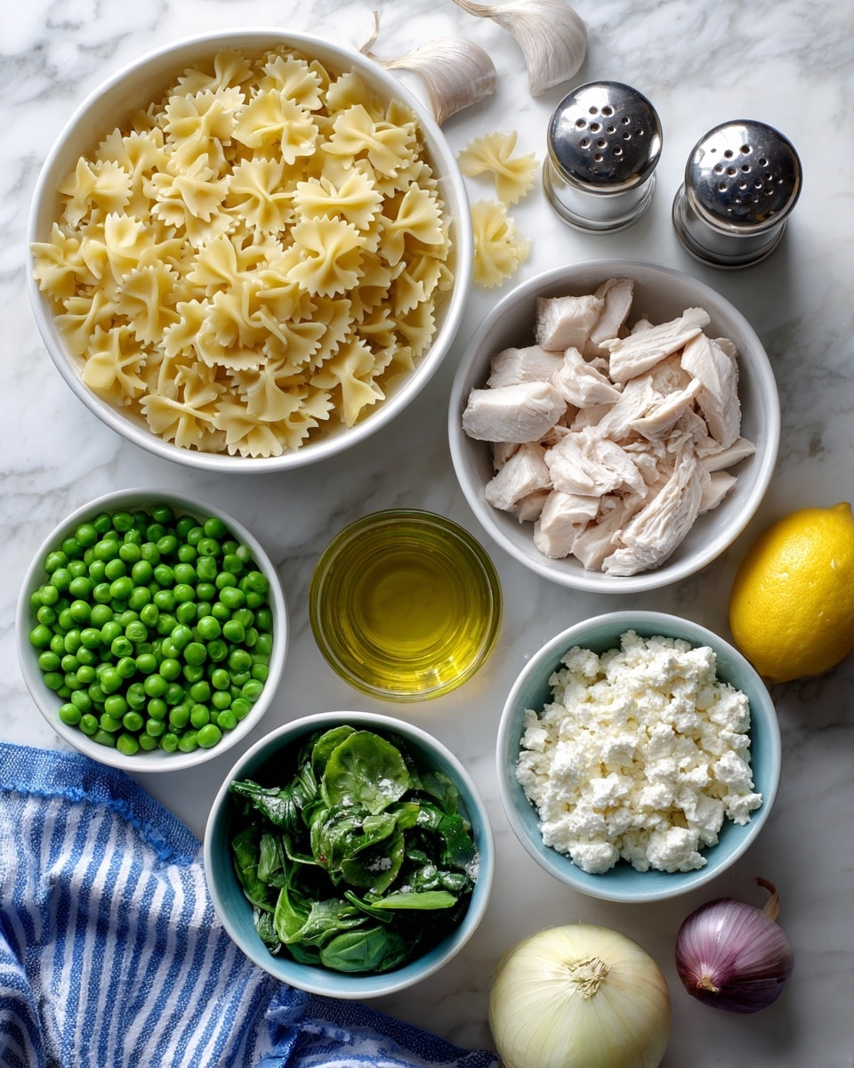 The image shows seven white bowls on a white marbled surface, each with different ingredients. One bowl is filled with uncooked yellow bowtie pasta, another with bright green peas, two bowls contain different shades of green leafy vegetables, one bowl holds white cooked chicken pieces, another has white crumbled cheese, and a small glass filled with yellow oil sits between the bowls. A pair of silver and glass salt and pepper shakers, a halved lemon, a whole shallot, and a yellow lemon also appear on the surface with a blue and white striped cloth partially visible at the bottom left. Photo taken with an iphone --ar 4:5 --v 7