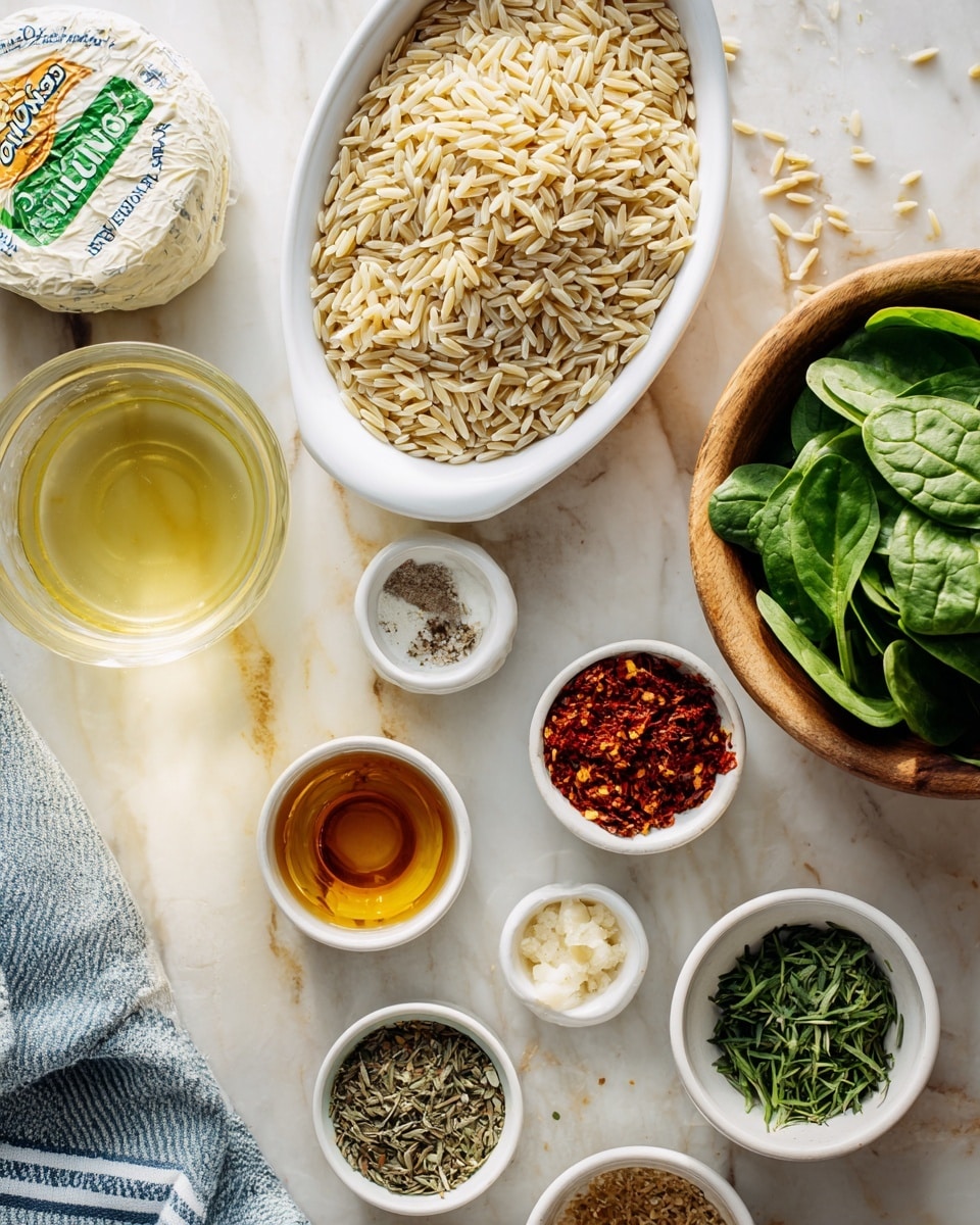 A white bowl filled with dry, light brown orzo is placed at the top left, next to a round package of Boursin cheese wrapped in white foil with green and gold writing. Below and to the right, a white oval dish contains five layers of spices and herbs, each a different earthy shade ranging from red to green and brown. Several small white ramekins are arranged around with different ingredients: minced garlic, salt and black pepper, dried sun-dried tomatoes in oil, and golden honey. A wooden bowl filled with fresh green spinach leaves sits on the right side, and in front of it, a small white bowl holds chopped fresh green herbs. The items are placed on a white marbled surface with soft natural light, and a glass container of light yellow broth is partially shown at the bottom left near a blue and white striped cloth. Photo taken with an iphone --ar 4:5 --v 7