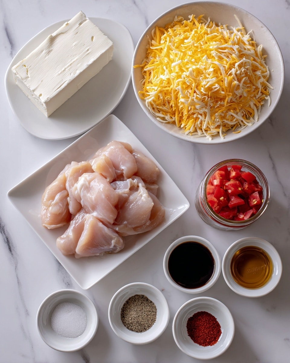 The image shows raw chicken pieces placed on a white square plate on the bottom right. Above and to the left, there is a round white bowl filled with shredded yellow cheese. To the top left, a rectangular block of white cream cheese sits on a round white plate. Next to the cheese bowl, on the far right, there is a small jar filled with diced red tomatoes. Below the cream cheese plate are six small white round dishes: the top two hold garlic powder and black pepper, the middle one contains dark brown liquid, and the bottom three have salt, onion powder, and red paprika powder. All items are arranged neatly on a white marbled surface photo taken with an iphone --ar 4:5 --v 7