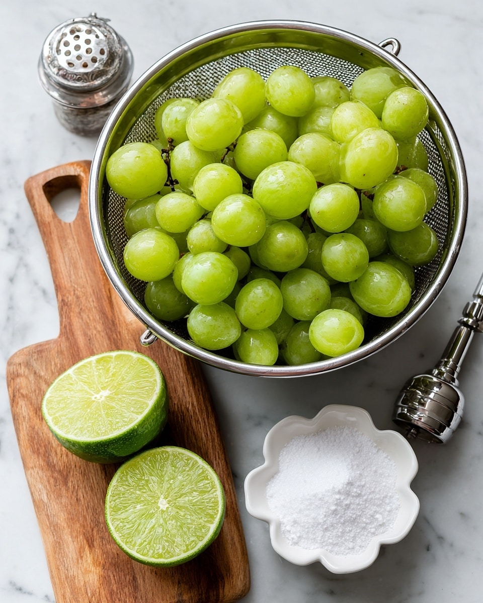 A metal colander filled with many bunches of round, bright green grapes sits on the top left on a white marbled surface. To the right, two small white flower-shaped bowls hold fine white powders labeled as monk fruit and citric acid. On the bottom left, a wooden board holds two halves of a fresh lime with bright green flesh next to a silver lime juicer. The light is soft, showing the fresh and natural texture of all ingredients. Photo taken with an iphone --ar 4:5 --v 7