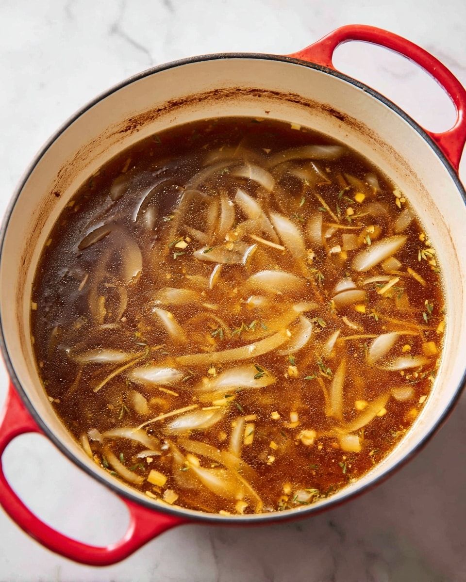 A close-up view of a pot filled with onion soup, showing thin, translucent, soft brown onion slices floating in a clear, slightly dark brown broth. Inside the broth, there are small yellow chunks and light brown mushroom pieces scattered around. The pot is red on the outside with a white inside rim that has a rusty brown stained ring near the top edge. The pot sits on a white marbled surface. Photo taken with an iphone --ar 4:5 --v 7