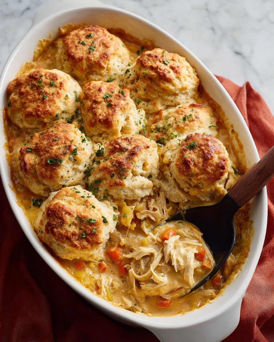 This image shows a white oval dish filled with a baked chicken and biscuit casserole. On top, there are one layer of golden brown biscuits that are unevenly shaped with a slightly crispy and crunchy texture, sprinkled with chopped green herbs. Below the biscuits, there is a thick layer of shredded chicken cooked with small pieces of carrot and celery in a creamy orange sauce. A black scoop with a wooden handle is partially digging into the casserole, lifting some of the chicken and sauce from below the biscuit layer. The dish sits on a white marbled surface with a hint of a red cloth in the background photo taken with an iphone --ar 4:5 --v 7
