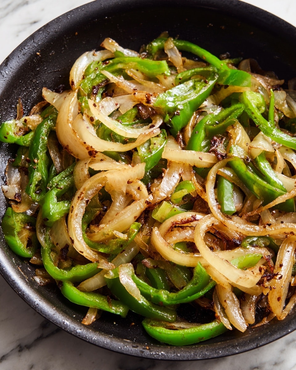 The image shows a close-up of a black pan with cooked onion and green bell pepper slices. The onion slices are translucent with light brown seared edges, softly curled and spread unevenly throughout the pan. The green bell pepper strips are fresh green, slightly glossy, and mixed among the onions. The surface beneath the pan has a white marbled texture. photo taken with an iphone --ar 4:5 --v 7