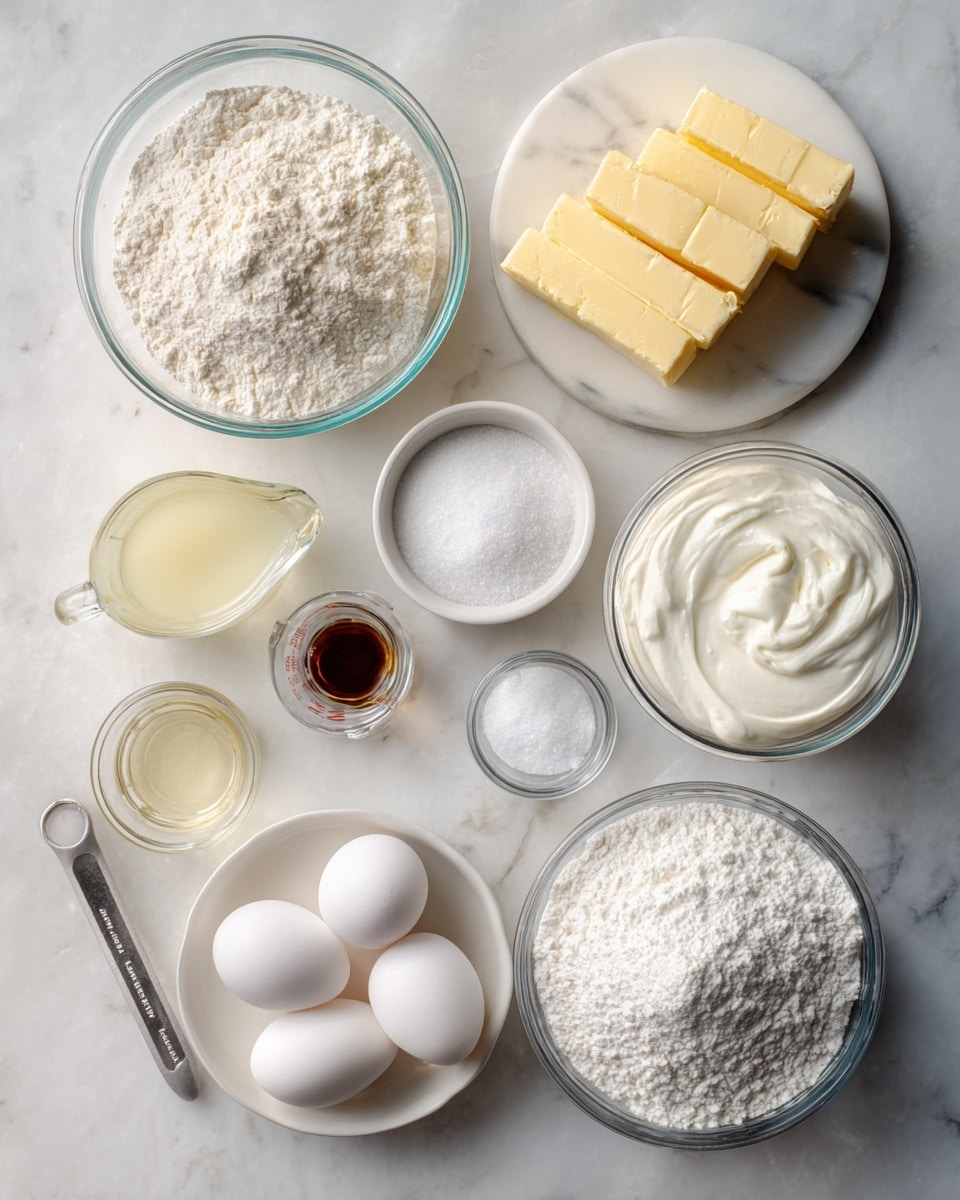 The image shows baking ingredients neatly arranged on a white marbled surface. There are four butter sticks stacked on the top right, two white eggs right below them, and a bowl of powdered sugar at the bottom right. Moving left, there are three small glass containers holding salt, baking soda, and another ingredient in front of the powdered sugar bowl. A bowl of white sugar sits near the center, with a larger bowl of white sour cream to the upper right of it. To the left of the sugar bowl is a glass bowl filled with flour. Above that are a small bottle of vanilla extract, a white bowl with a silver measuring spoon, and a clear glass measuring cup with a pale yellow liquid. Everything is placed in a clean and organized manner, with soft natural light highlighting the textures and colors of the ingredients. Photo taken with an iphone --ar 4:5 --v 7
