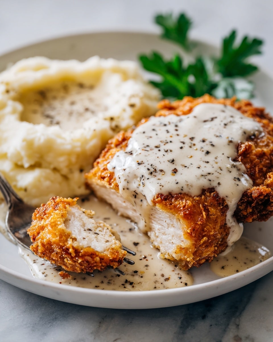 A white plate holds a piece of fried chicken with a crispy, golden-brown crust, showing a bite taken out to reveal the moist, white inside. The chicken is covered generously with a thick layer of white gravy, sprinkled with coarse black pepper. Next to the chicken is a smooth, creamy mound of mashed potatoes, with a small drizzle of black pepper on top. Green parsley leaves are placed to the side as garnish. The scene is set on a white marbled surface. photo taken with an iphone --ar 4:5 --v 7