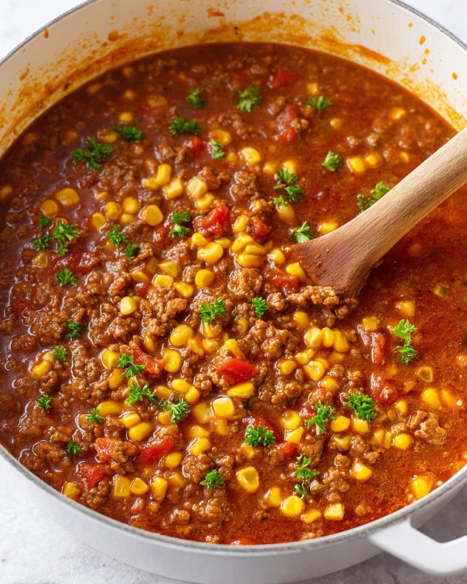 The image shows a close-up of a thick stew in a large white pot with a wooden spoon stirring it on the right side. The stew has a rich brown color with visible chunks of cooked ground meat, bright yellow corn kernels, small red tomato pieces, and bits of onion mixed in. The dish is garnished with small green parsley leaves scattered evenly on top, adding a fresh contrast to the warm colors of the stew. The inside rim of the pot has some sauce splatters, and the white marbled surface below the pot is partly visible at the bottom. photo taken with an iphone --ar 4:5 --v 7