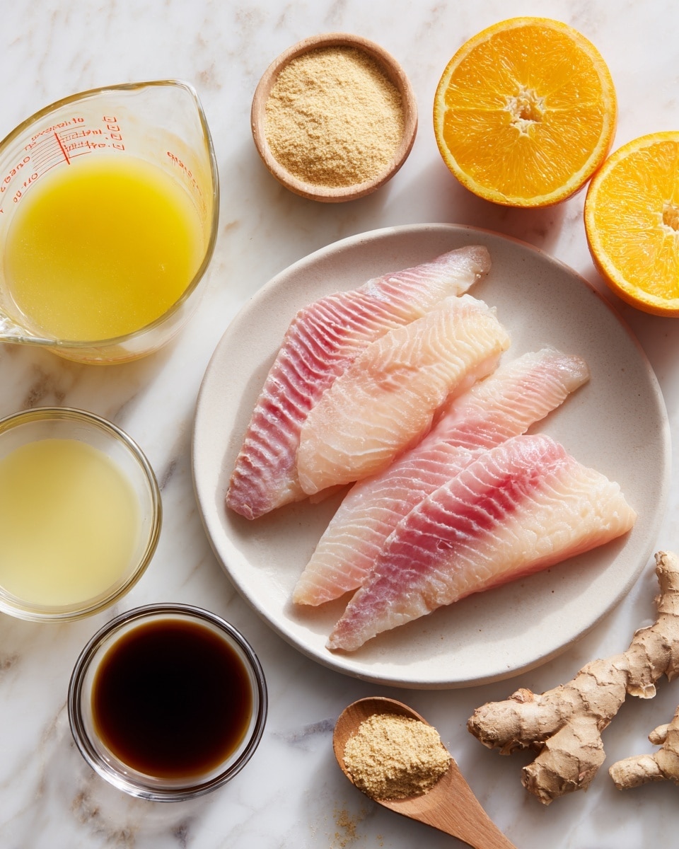 Four pieces of raw pink fish with light and dark pink stripes lie on a white plate on the right side. Around the plate on a white marbled surface are two orange halves with bright orange insides at the top; a glass measuring cup with light yellow-orange liquid inside on the left; a small glass bowl with dark brown liquid below the measuring cup; a small glass bowl with pale yellow liquid below the dark bowl; a wooden spoon with light beige powder near the top center; and two pieces of irregularly shaped brown ginger root at the bottom center. Photo taken with an iphone --ar 4:5 --v 7