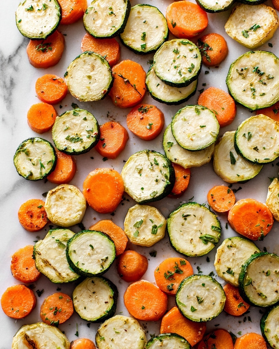 The image shows many slices of roasted vegetables spread out on a white marbled surface covered with parchment paper. There are two types of vegetable layers: round, light green zucchini slices with slightly charred edges, and smaller round orange carrot slices with a soft texture, some showing a slight shine from oil. The vegetables are scattered evenly, with some tiny bits of green herbs sprinkled lightly over them, creating a fresh and simple roasted vegetable look photo taken with an iphone --ar 4:5 --v 7