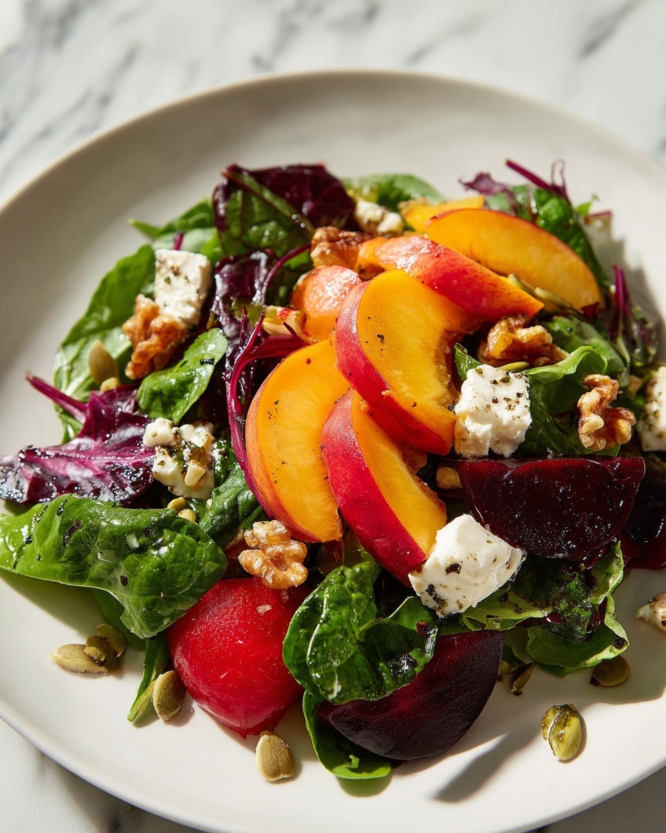 A colorful salad is shown in a close-up on a white plate on a white marbled surface. The salad has many layers, starting with dark green leafy spinach and some reddish-purple leaves shaped like loose curls. On top of these are bright orange peach slices arranged on the right side, with some red slices resembling strawberries and cherries scattered near them. Small bits of white cheese are dotted around the salad. Several brown walnut halves and green pumpkin seeds are spread across the salad, adding a crunchy texture. There are also tiny reddish-purple pieces of onion and dark specks of ground pepper and herbs mixed throughout. The light is soft, highlighting the fresh and mixed textures of the salad. Photo taken with an iphone --ar 4:5 --v 7