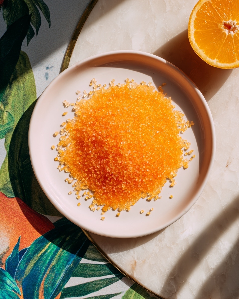A white plate holds a single layer of bright orange, coarse granules that look like crushed ice or sugar crystals, scattered unevenly over the surface with some clusters piled higher in the middle. The plate rests on a white marbled textured surface, part of which shows a colorful orange and green pattern with leaves, adding a lively contrast. A small section of an orange slice is seen on the top right edge, adding a hint of freshness and color. The scene is lit by sunlight, casting gentle shadows and highlighting the sparkling texture of the granules. photo taken with an iphone --ar 4:5 --v 7