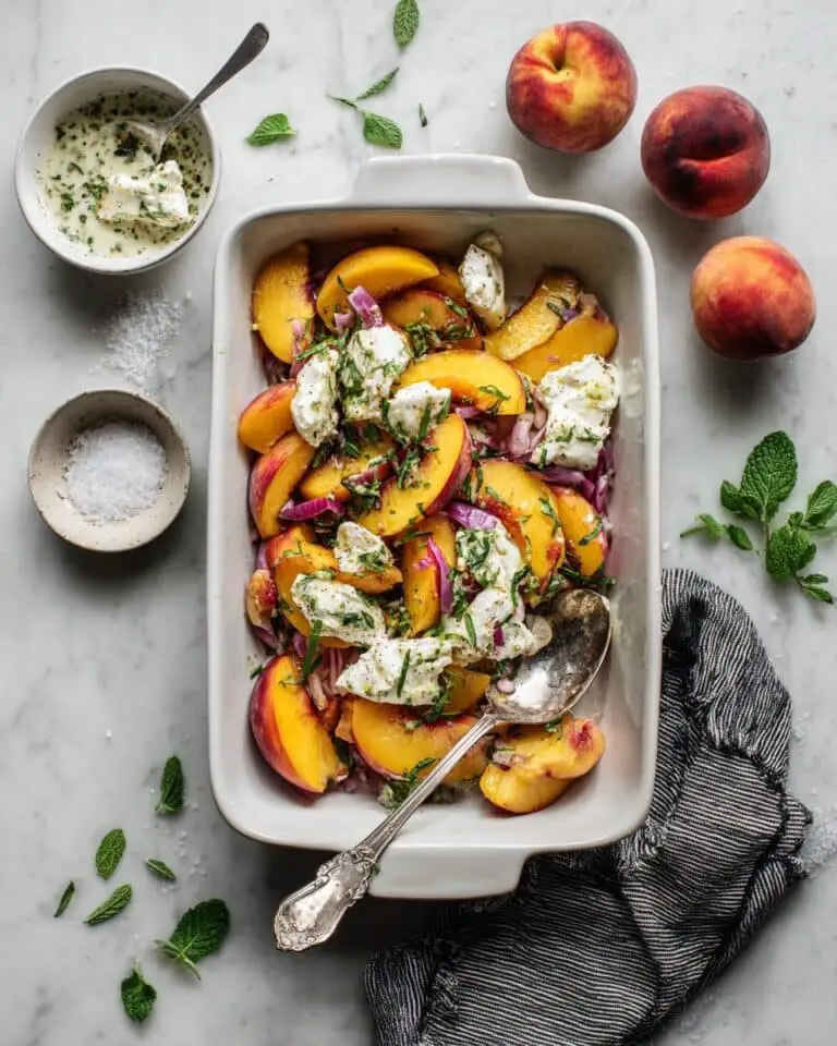 Peach Burrata Salad with Herb Dressing and Toasted Pine Nuts Recipe