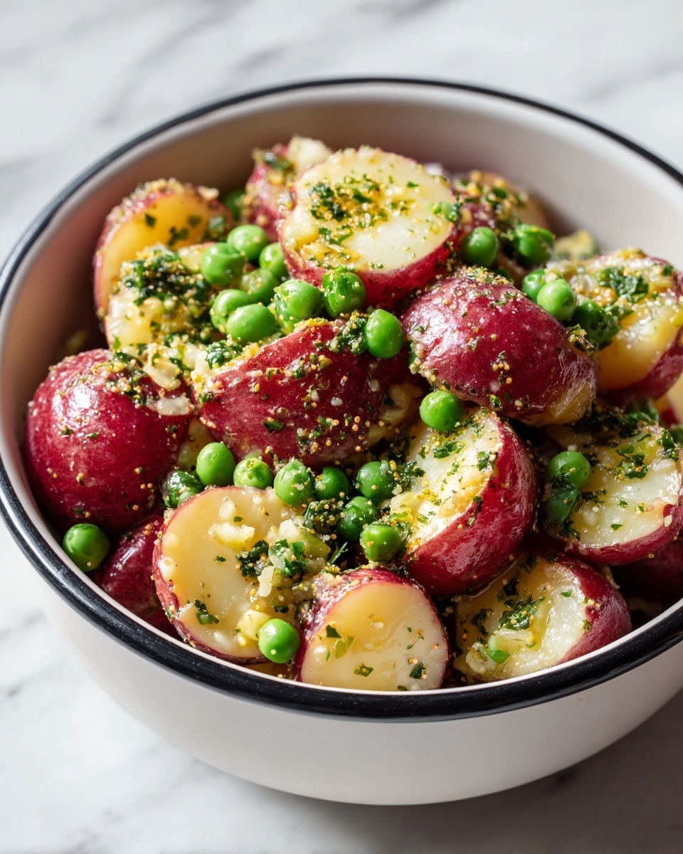 A close-up view of a white bowl with a black rim filled with three layers: the first layer shows quartered red-skinned potatoes with a creamy texture and light yellow flesh, the second layer displays bright green peas scattered evenly among the potatoes, and the third layer is sprinkled with small green herb bits and visible mustard seeds adding texture. The bowl is placed on a white marbled surface. photo taken with an iphone --ar 4:5 --v 7
