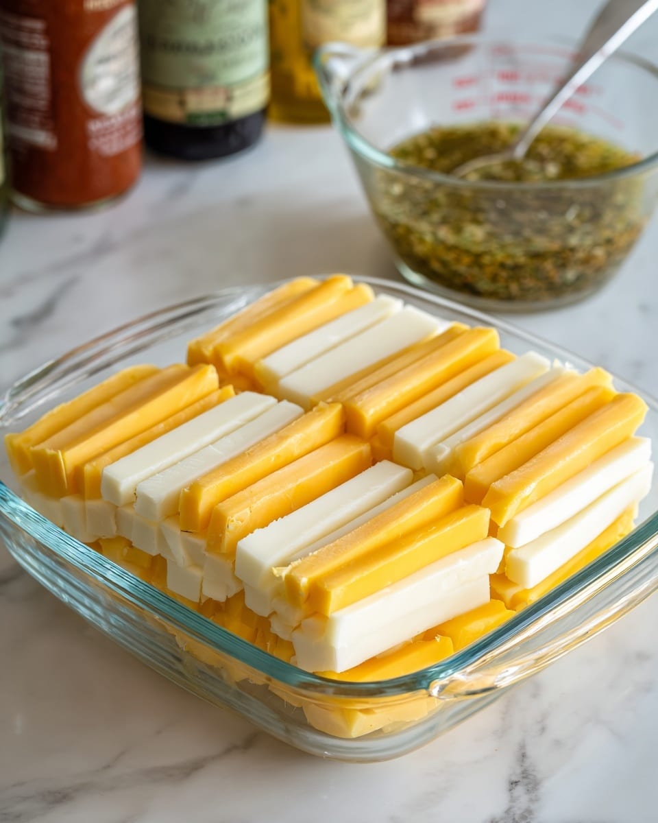 The image shows a clear glass dish filled with neatly stacked slices of three types of cheese arranged in rows. The cheese layers alternate between a bright yellow cheddar, a pale white cheese, and soft white cheese, creating a pattern of stacked layers. The dish is placed on a white marbled surface. In the background, there is a clear measuring cup with a spoon inside, containing a greenish liquid with visible herbs or spices, along with blurred bottles of sauces. Photo taken with an iphone --ar 4:5 --v 7