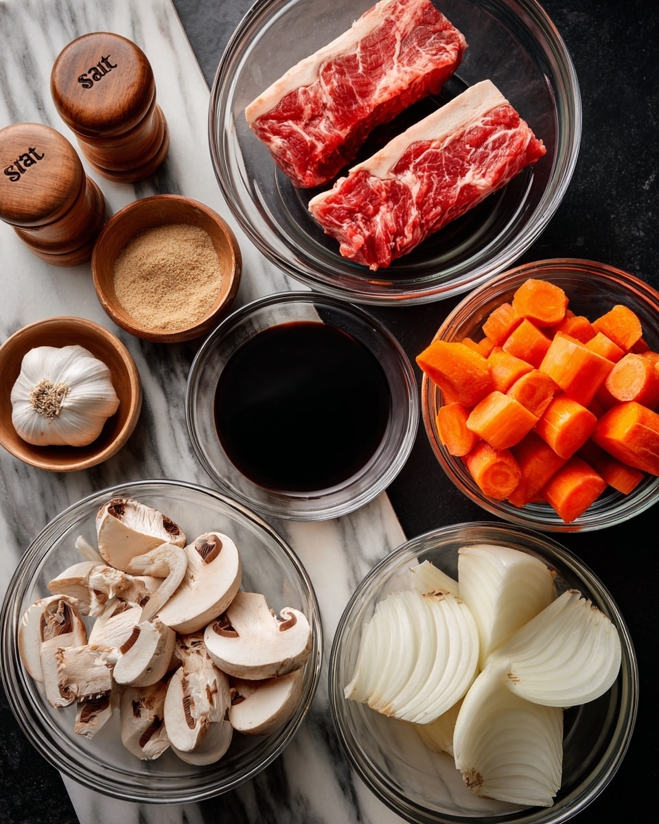 The image shows several clear glass bowls arranged neatly on a dark surface. At the top center is a bowl with two thick pieces of red raw meat with white fat marbling. To the right, a bowl contains thick orange carrot pieces. Below it, a bowl holds large, white onion wedges. At the bottom center, another bowl is filled with fresh white mushroom slices with brown centers. To the left, a bowl of dark liquid, likely soy sauce or wine, sits next to a small bowl filled with a light brown powder, and a bowl with halved garlic head showing white cloves inside. Two small wooden containers labeled