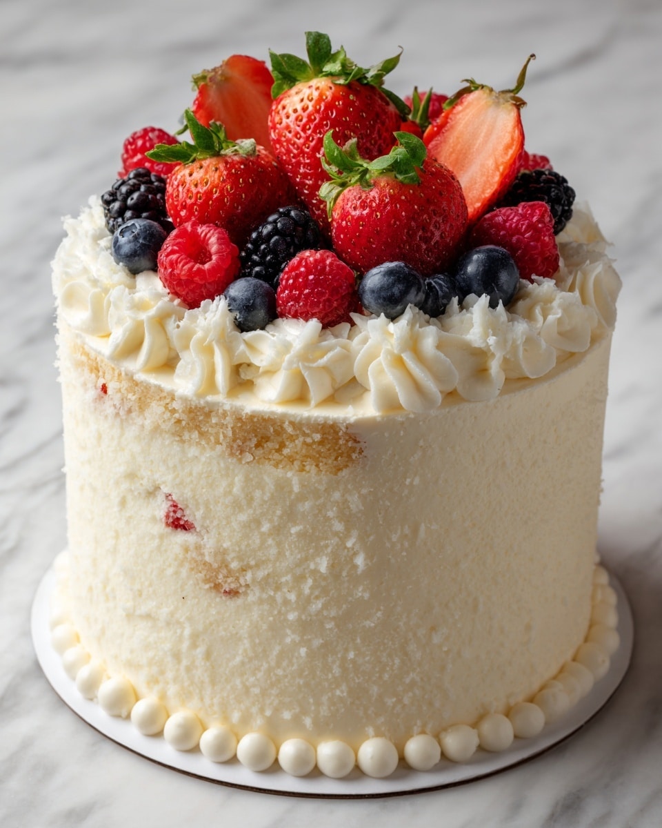 A tall, white frosted cake with four layers is shown, each layer with light yellow sponge and filled with white cream mixed with red and dark purple berries like raspberries, blackberries, and blueberries. The outside is smooth white frosting with a decorative border on top and bottom edges. A slice of the cake sits on a stack of four white plates in front, revealing the colorful berry filling inside. Fresh strawberries, raspberries, blackberries, and blueberries are scattered around the plates and on the white marbled surface, along with a halved lemon and two silver forks. In the background, the whole cake is topped with fresh berries and green leaves on a white stand. Photo taken with an iphone --ar 4:5 --v 7