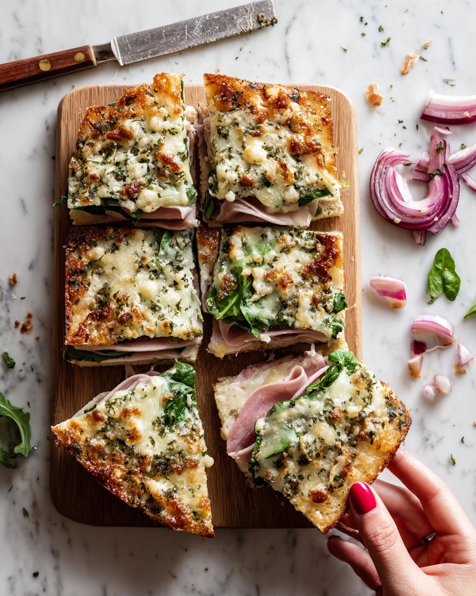 A round sandwich cut into six square pieces sits on a cutting board. The top layer is a toasted light brown flatbread with specks of green herbs and golden, crispy cheese pieces scattered over. Inside, visible layers include thin slices of white deli meat, green leafy vegetables, and a creamy spread. A woman's hand with red nail polish holds one piece, slightly lifting it. Some crumbs and a few red onion slices are scattered on the board, and a knife rests on the white marbled surface beside it. photo taken with an iphone --ar 4:5 --v 7