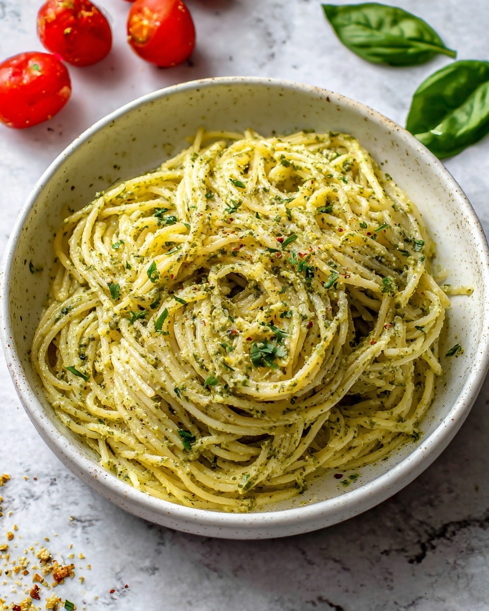 In a white bowl filled with one layer of creamy spaghetti coated in green herb sauce with visible small herb bits, the spaghetti strands are twisted and creamy, giving a smooth texture. Around the bowl, there are whole, red tomatoes that add bright spots of color to the white marbled textured background, along with some green basil leaves placed near the edge. The overall scene shows a simple, fresh pasta dish with a creamy green sauce and some fresh vegetables around it photo taken with an iphone --ar 4:5 --v 7