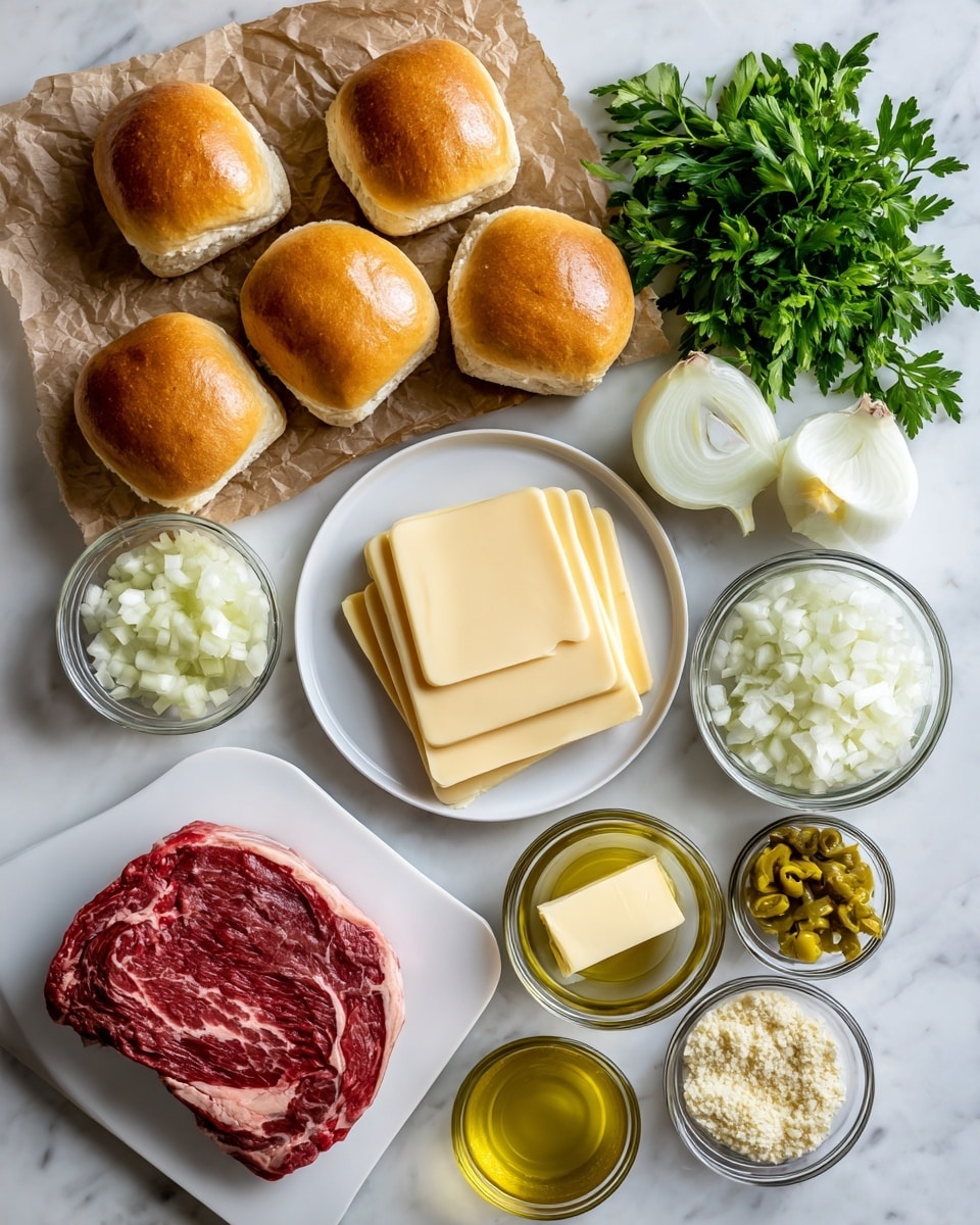 The image shows a top view of ingredients arranged neatly on a white marbled surface. At the top left, four golden-brown sandwich rolls sit on crumpled brown parchment paper. To their right, fresh green parsley is placed. Below the parsley, there is a white plate with thin, round slices of pale yellow cheese stacked evenly. In the center, a clear glass bowl holds white onion slices. Around this bowl, several small glass bowls contain different ingredients: bright yellow pickles, light yellow melted butter, light brown flour, chopped pale yellow garlic, and clear light olive oil. At the bottom left corner, a raw red steak with white marbling lies on a rectangular white platter. A small block of butter rests between the rolls and onions. The overall look is clean and organized with bright natural colors photo taken with an iphone --ar 4:5 --v 7