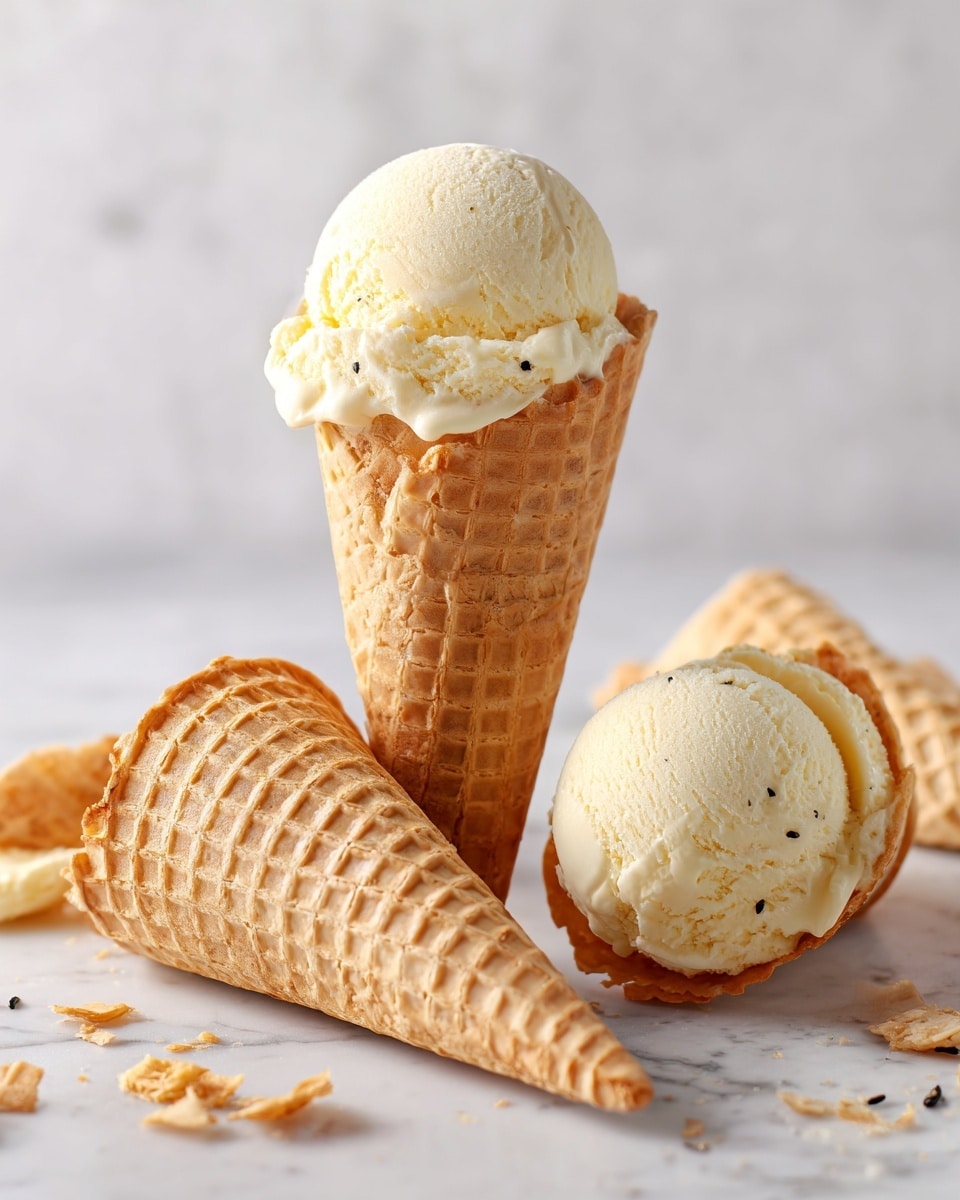 The image shows three light brown waffle cones with pale yellow vanilla ice cream. Two cones are upside down with the ice cream at the tip, and one cone is upright with a neat round scoop of ice cream on top. The cones have a grid pattern and some small broken pieces of waffle cone are scattered on the white marbled surface in the background. The ice cream looks creamy and smooth, with tiny black vanilla bean specks visible. photo taken with an iphone --ar 4:5 --v 7