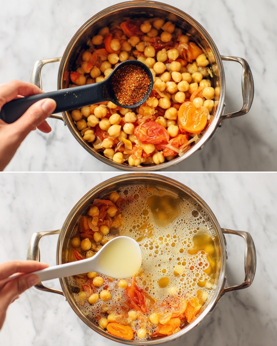 The first image shows a metal pot filled with light brown chickpeas mixed with orange slices of cooked onion and tomato. A woman's hand is holding a black measuring spoon filled with red spice above the pot. The second image shows the same chickpeas in the pot with white creamy liquid being poured over them from a white spoon, creating motion and bubbles on the top of the chickpeas, with some orange tomato pieces still visible. Both images have a white marbled surface below the pot. photo taken with an iphone --ar 4:5 --v 7
