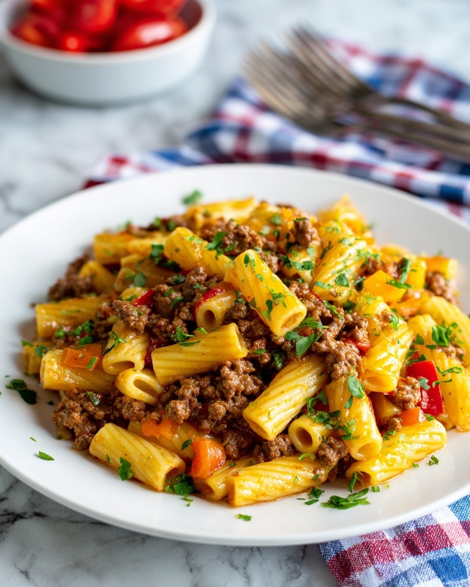 A black cast iron pan filled with cooked pasta tubes mixed with browned minced meat and small pieces of bell peppers in red, orange, and green, all tossed in a light brown sauce with finely chopped green herbs sprinkled over the top. To the upper left of the pan, there is a small white bowl with chopped red tomatoes. Above the pan, there is a stack of white plates with a red and white checkered napkin, a fork, and a spoon on top, all placed on a blue and white checkered cloth on a white marbled surface. photo taken with an iphone --ar 4:5 --v 7