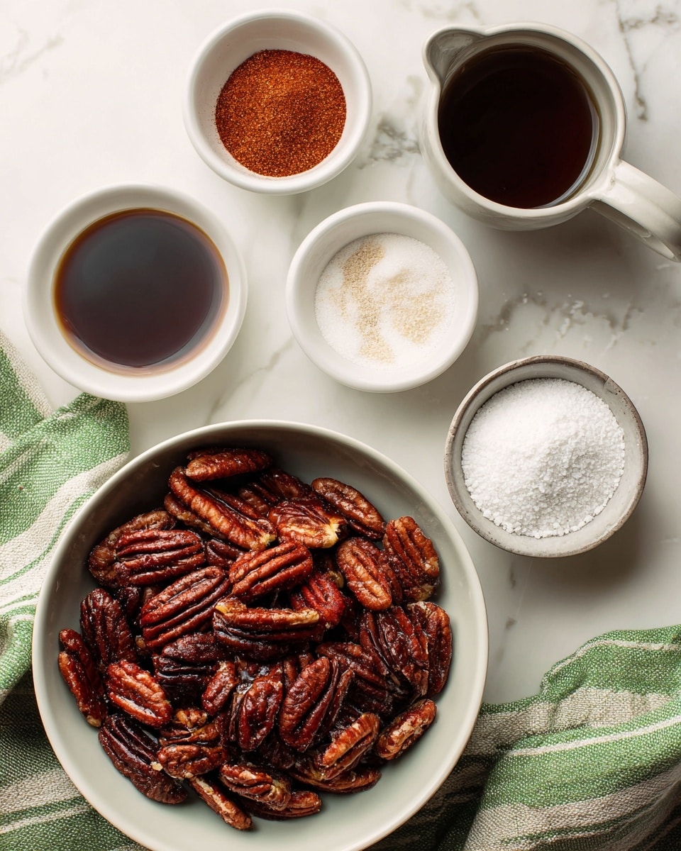 A close-up top view of six white bowls arranged on a white marbled surface with green and white striped cloth under the bowls; one large bowl at the center bottom filled with dark brown pecan halves showing rich texture and details, and five smaller bowls on top of it containing, from left to right: dark brown liquid, powdery reddish-brown spice, white granulated sugar, and a small amount of white powder. Photo taken with an iphone --ar 4:5 --v 7